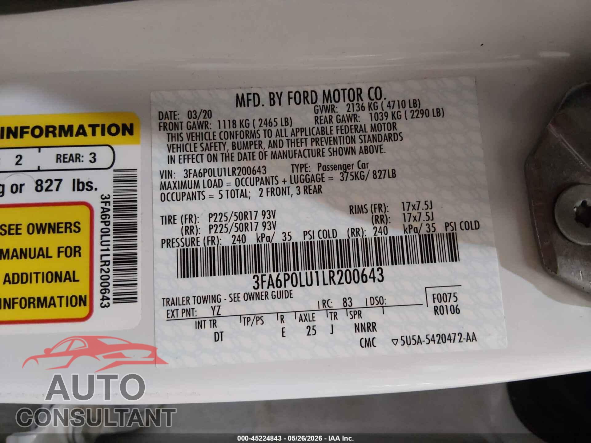 FORD FUSION 2020 - 3FA6P0LU1LR200643
