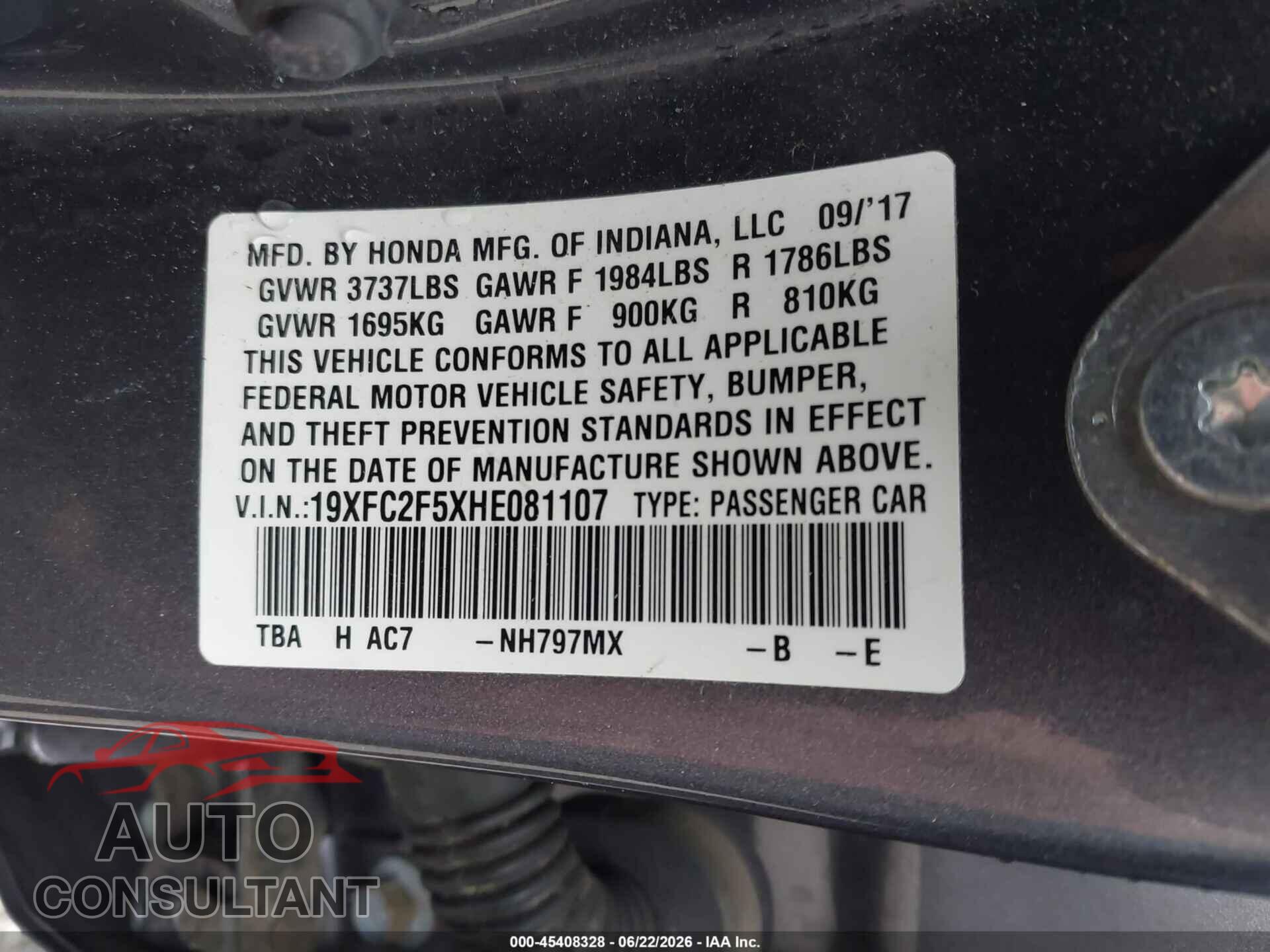 HONDA CIVIC 2017 - 19XFC2F5XHE081107