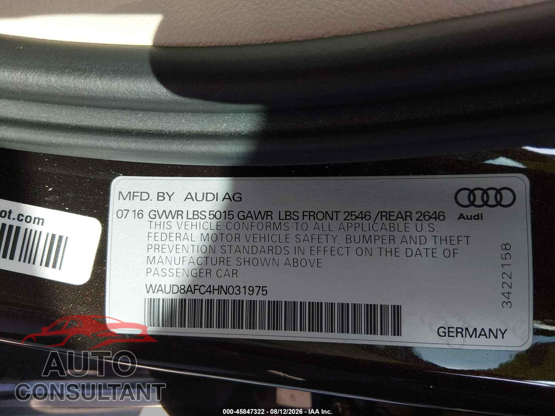 AUDI A6 2017 - WAUD8AFC4HN031975