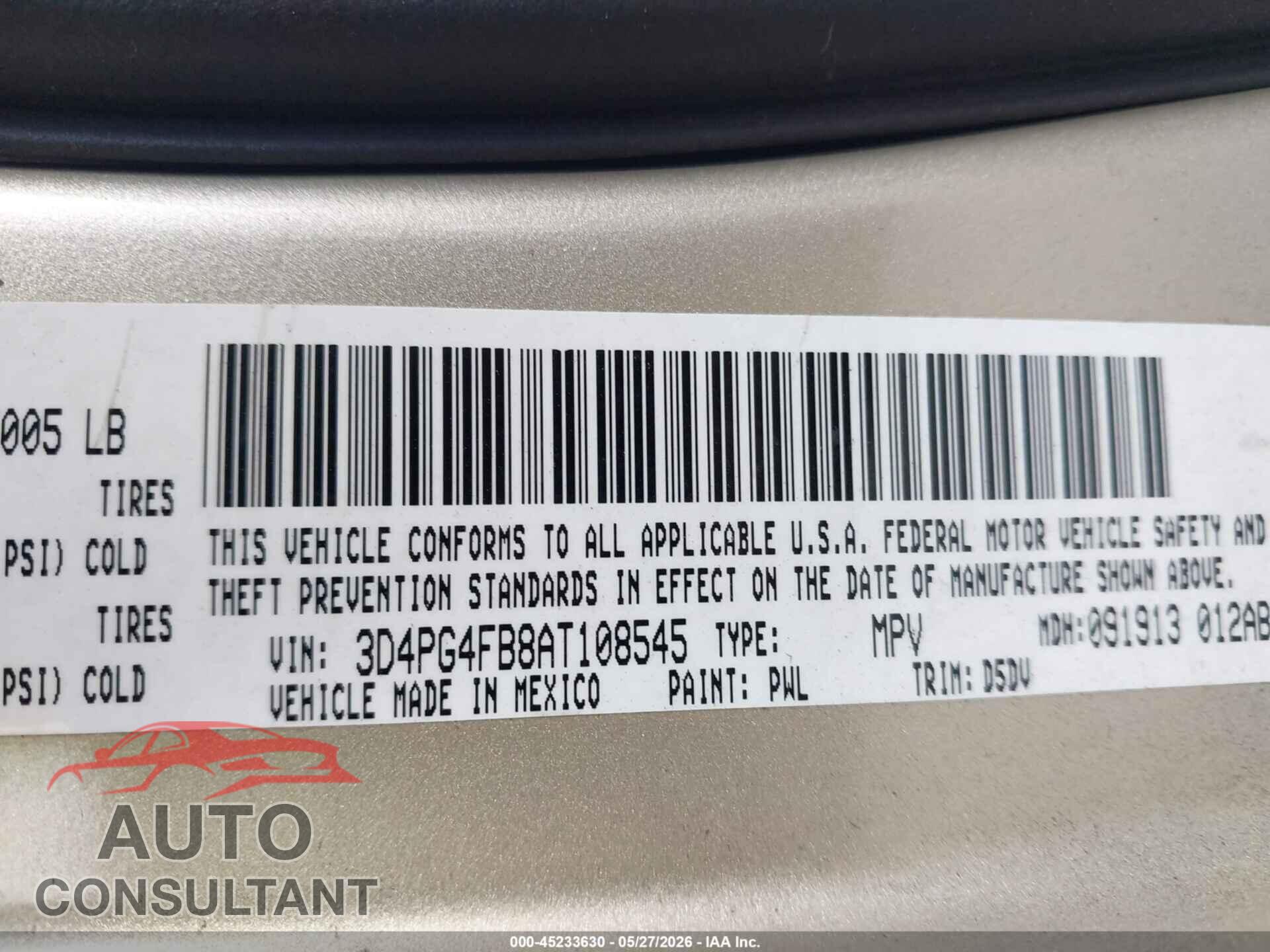DODGE JOURNEY 2010 - 3D4PG4FB8AT108545