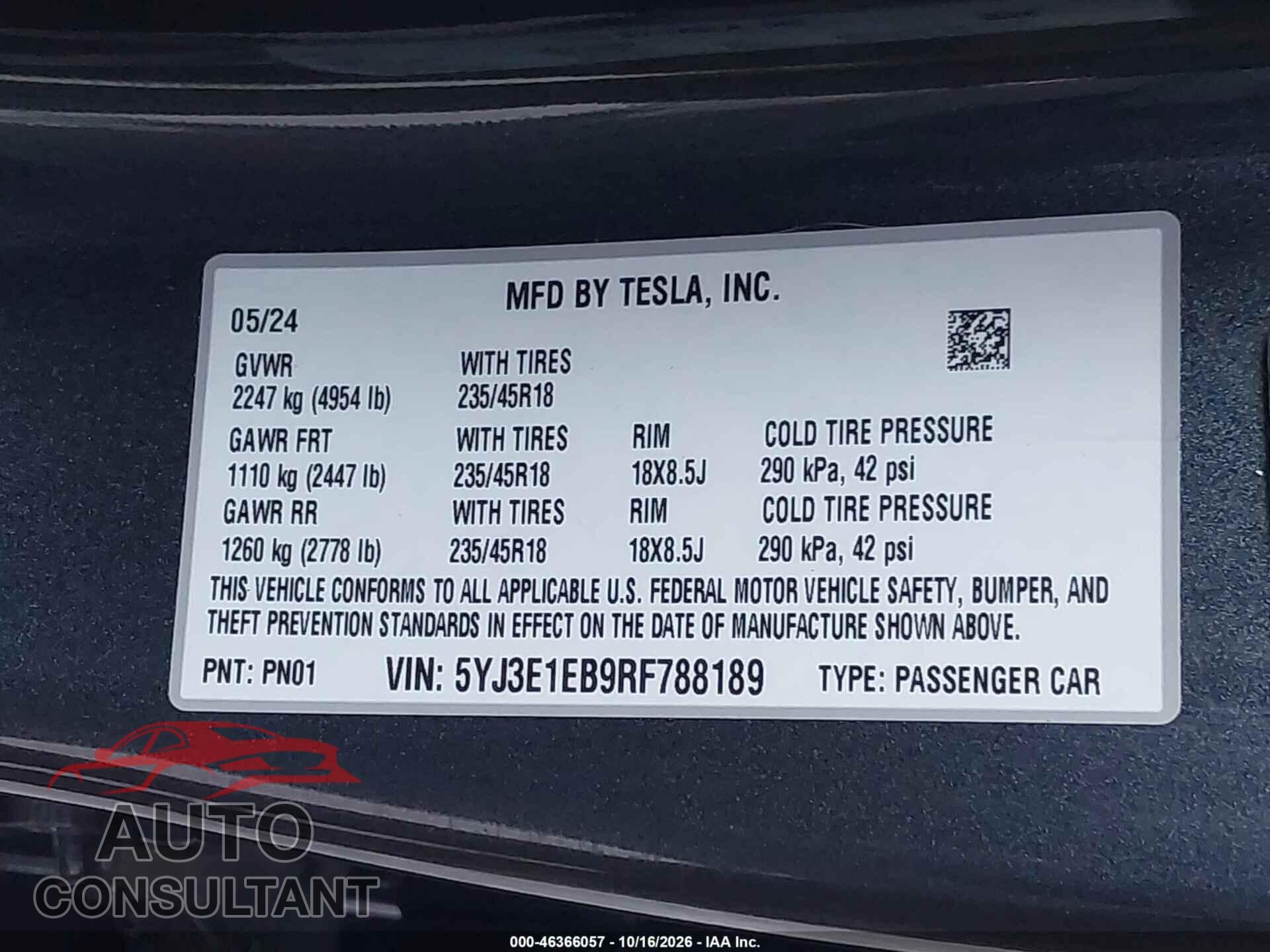 TESLA MODEL 3 2024 - 5YJ3E1EB9RF788189