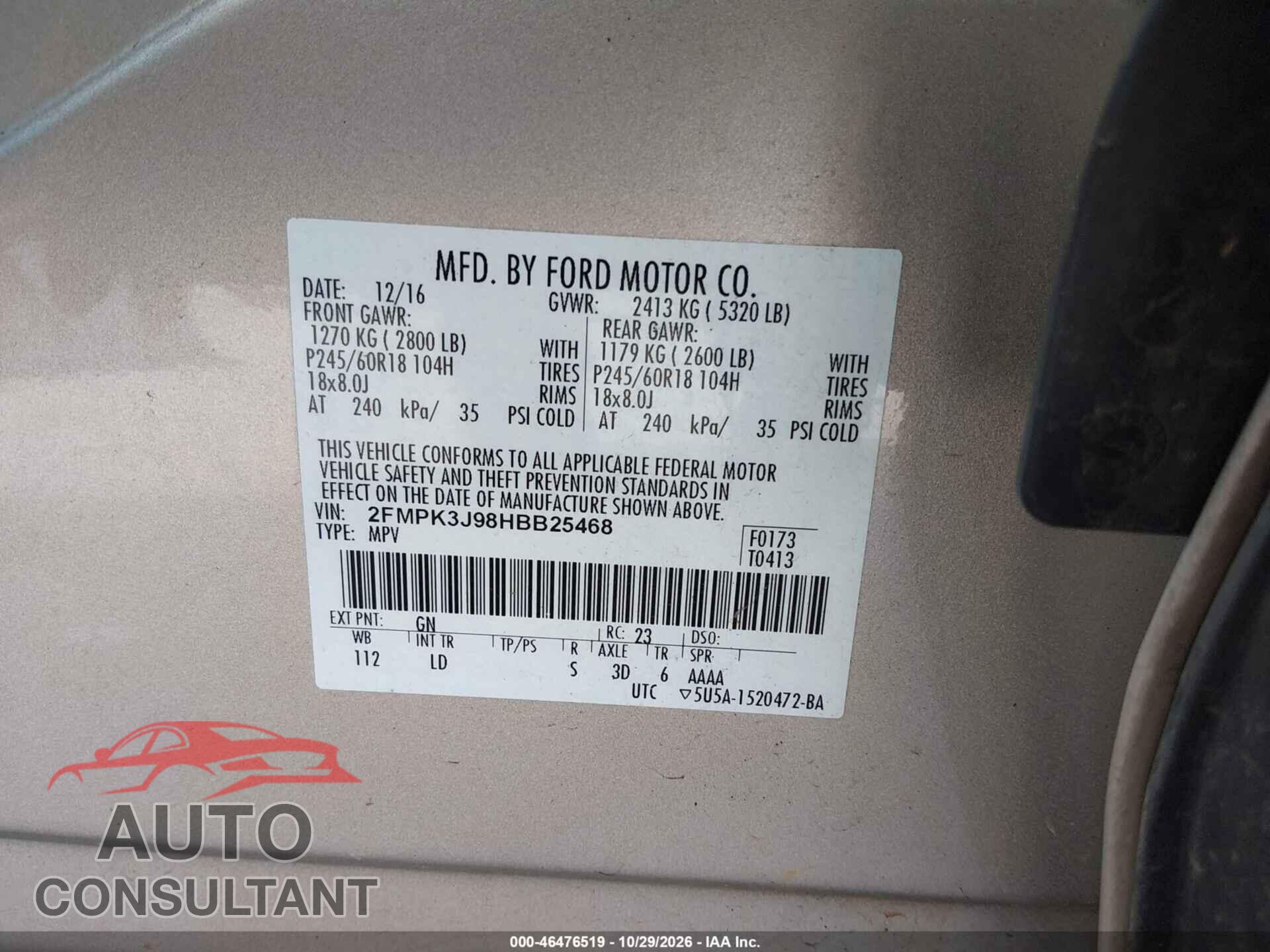 FORD EDGE 2017 - 2FMPK3J98HBB25468