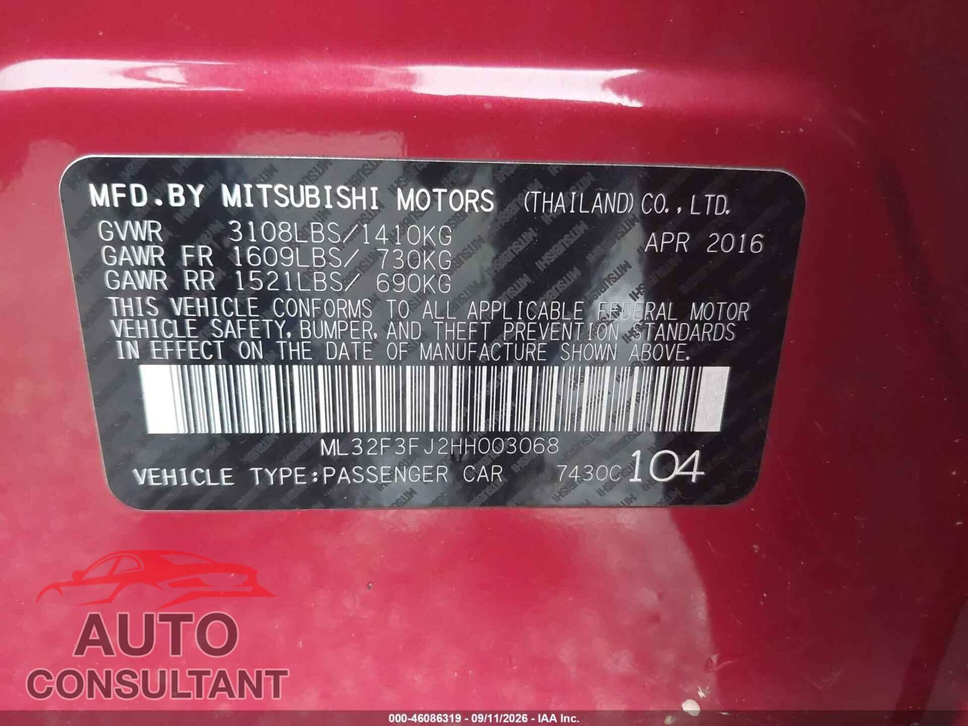 MITSUBISHI MIRAGE G4 2017 - ML32F3FJ2HH003068