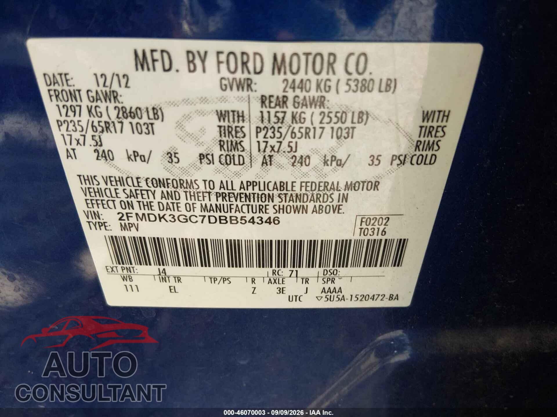 FORD EDGE 2013 - 2FMDK3GC7DBB54346
