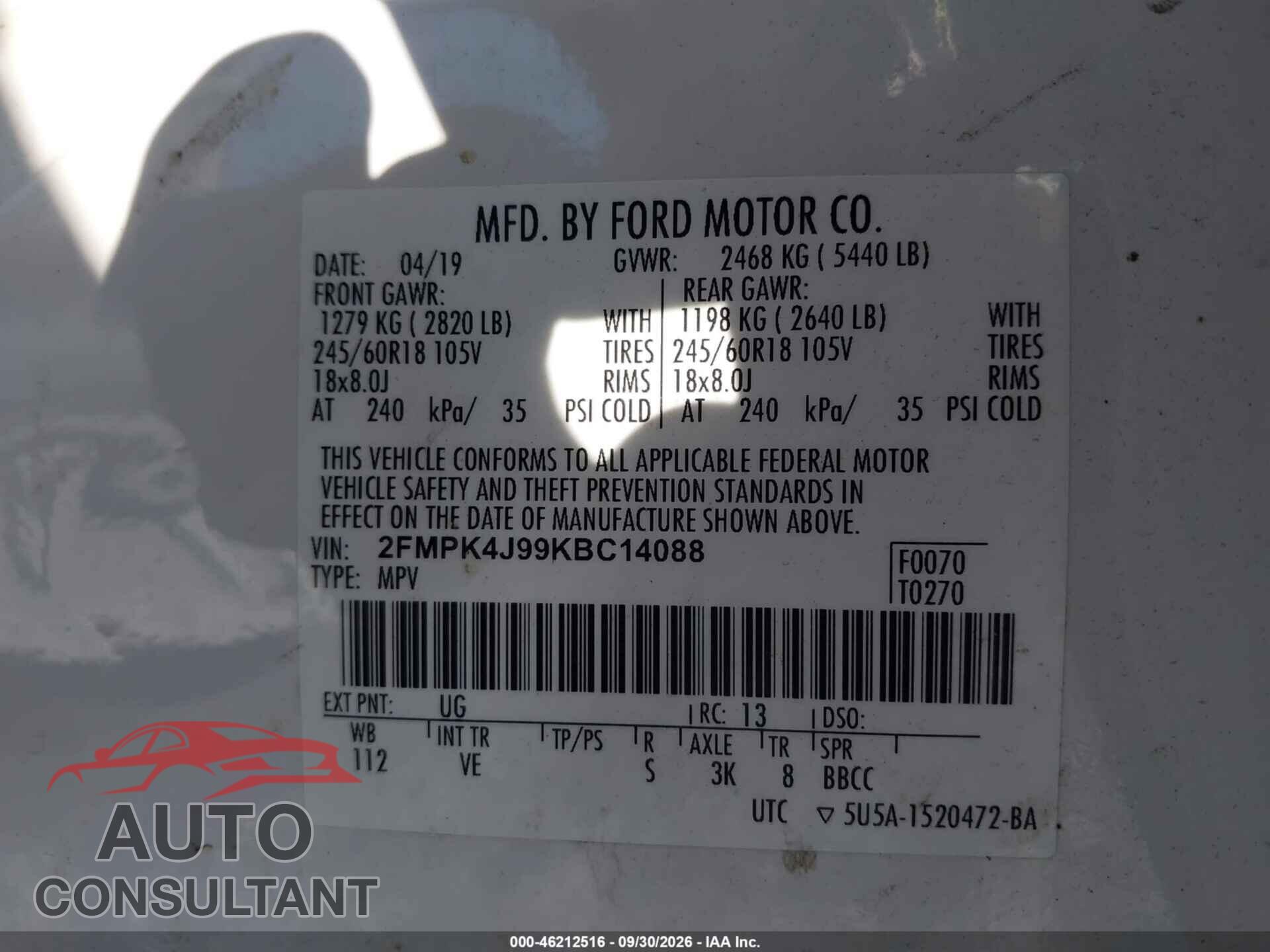 FORD EDGE 2019 - 2FMPK4J99KBC14088