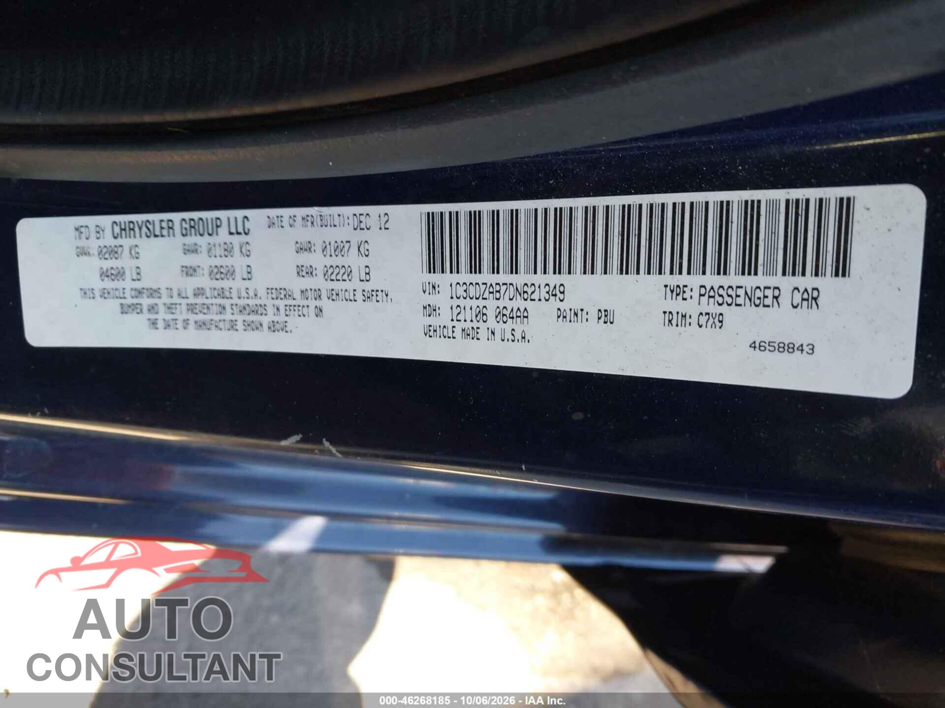 DODGE AVENGER 2013 - 1C3CDZAB7DN621349