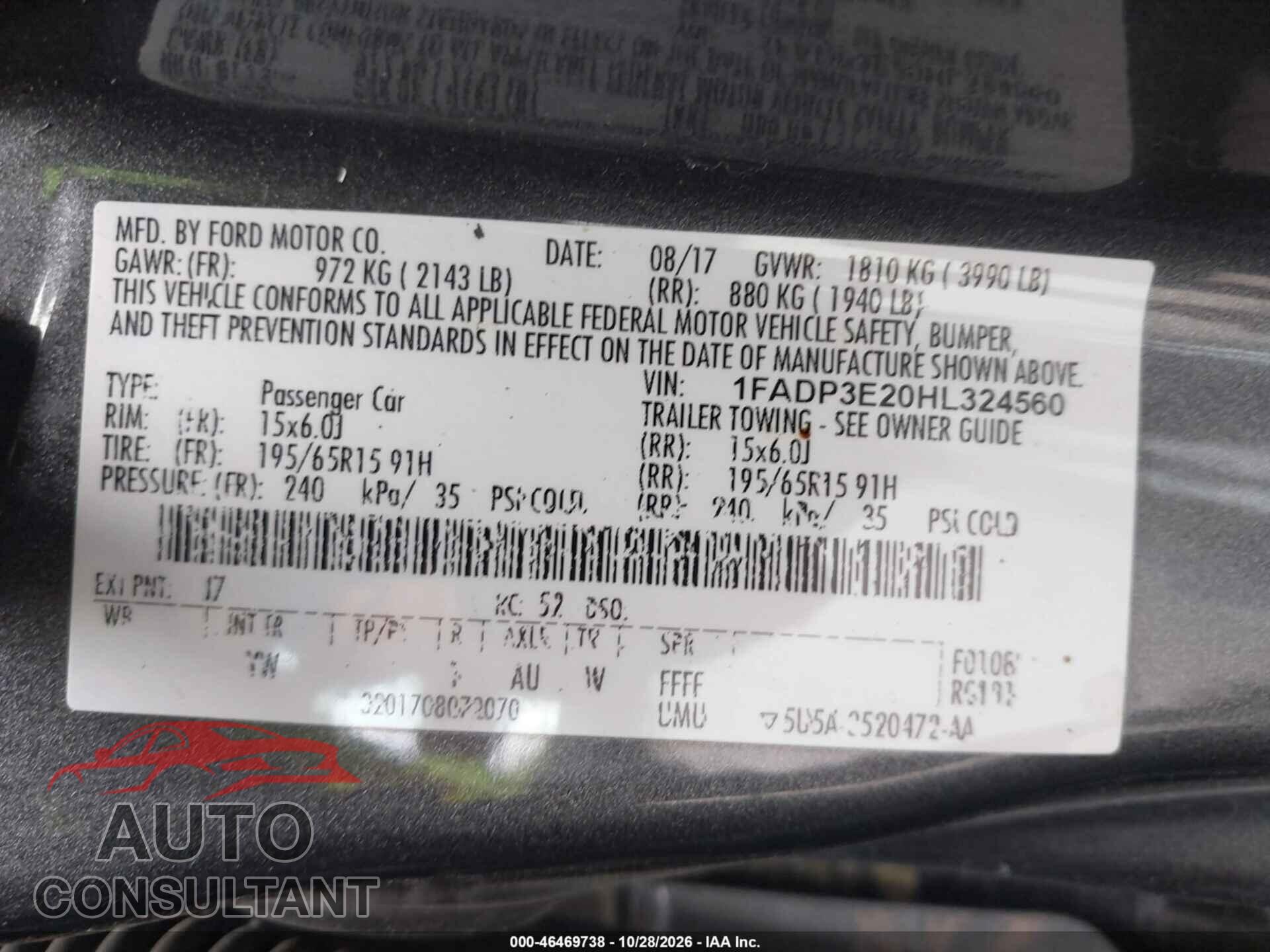 FORD FOCUS 2017 - 1FADP3E20HL324560
