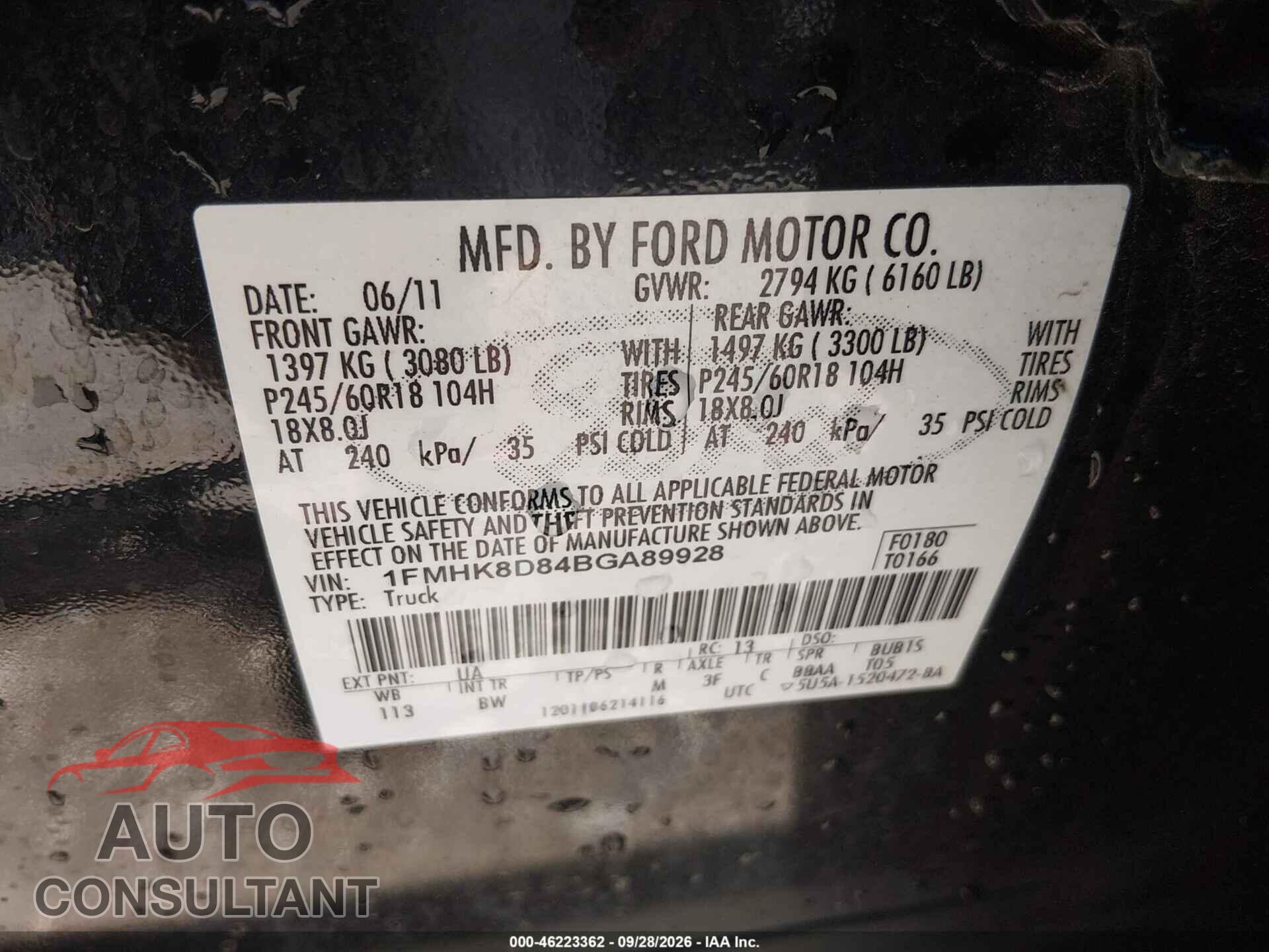 FORD EXPLORER 2011 - 1FMHK8D84BGA89928