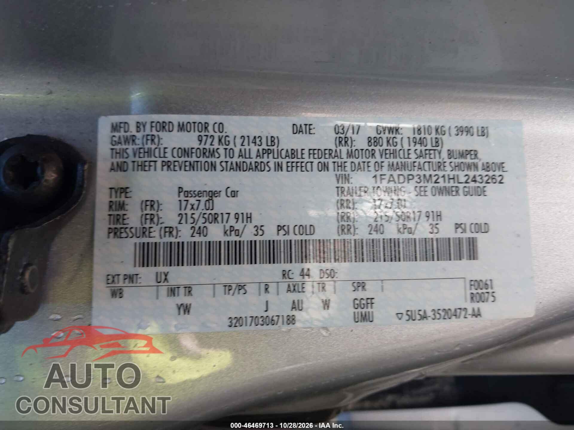 FORD FOCUS 2017 - 1FADP3M21HL243262