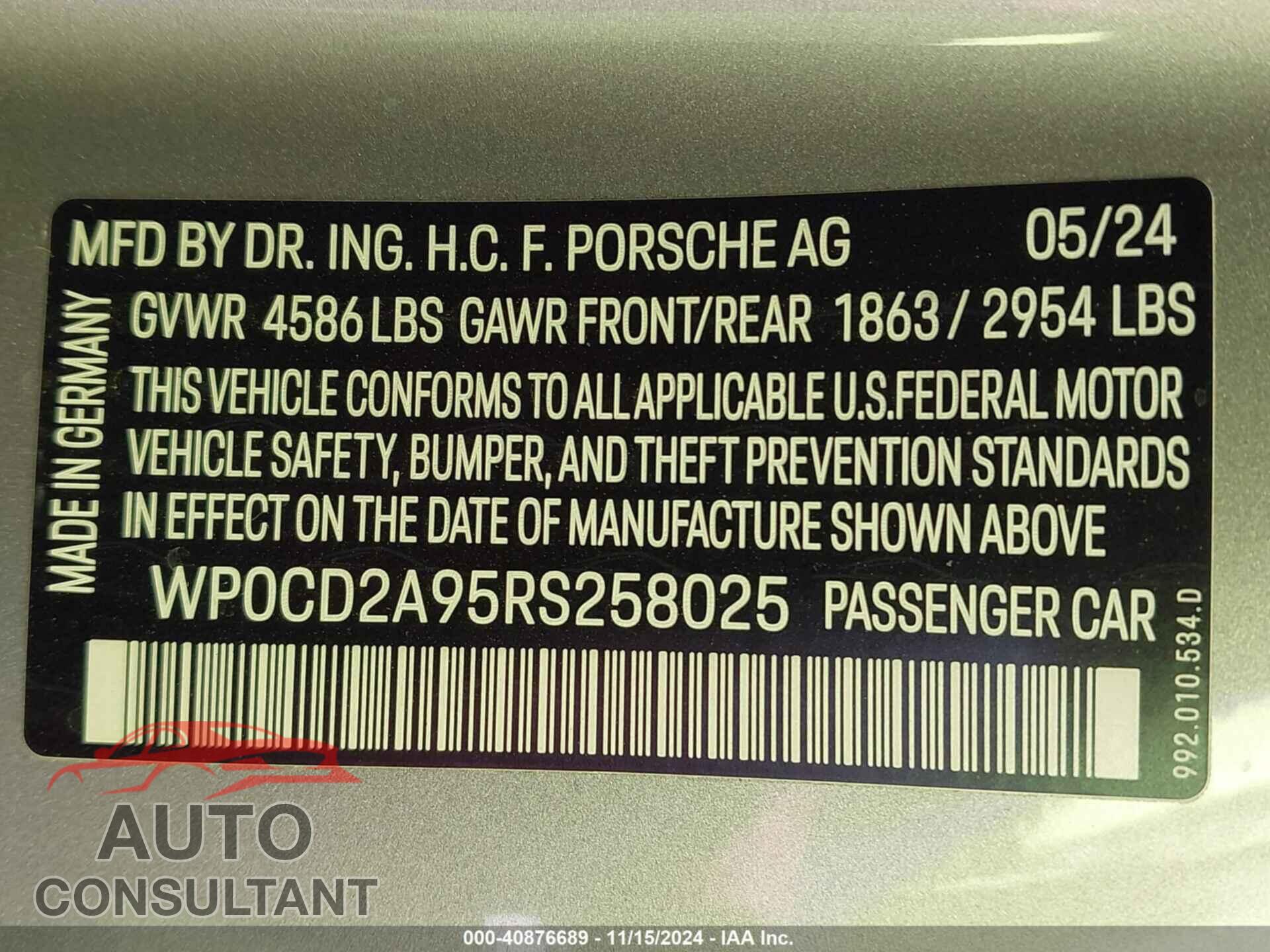 PORSCHE 911 2024 - WP0CD2A95RS258025