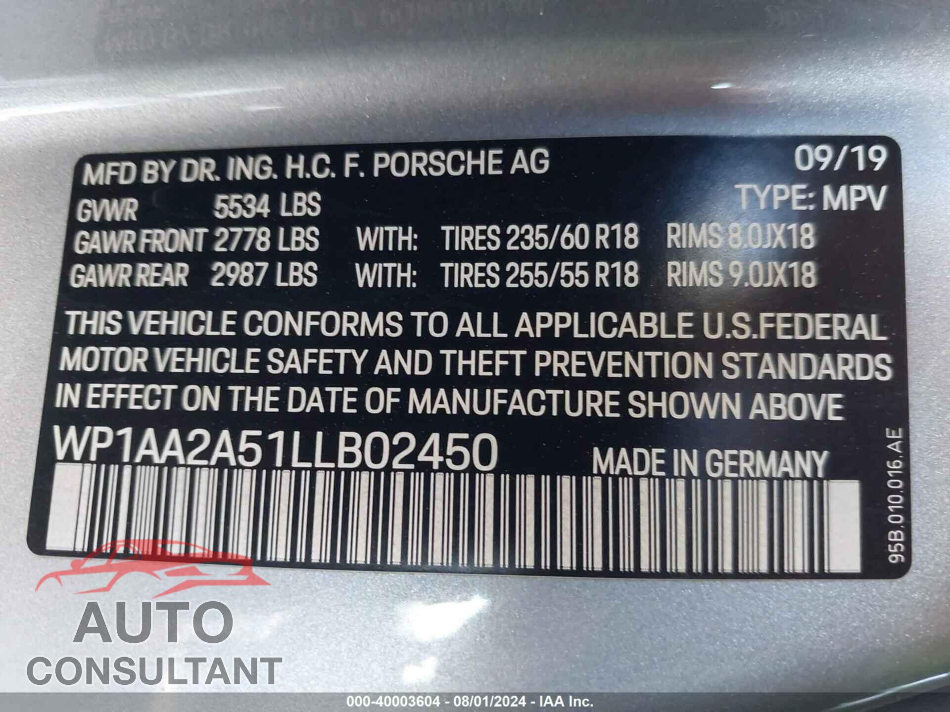 PORSCHE MACAN 2020 - WP1AA2A51LLB02450