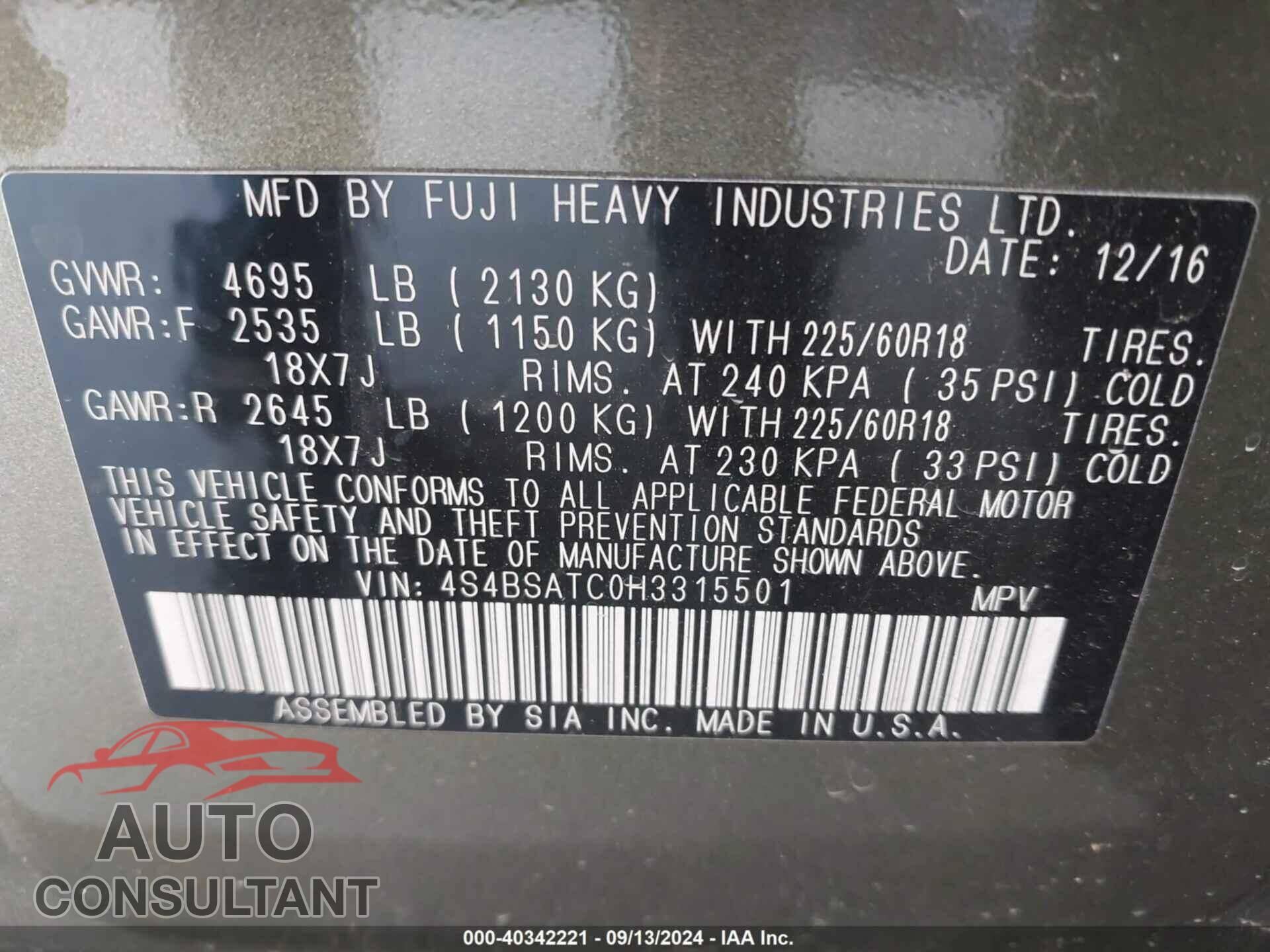 SUBARU OUTBACK 2017 - 4S4BSATC0H3315501