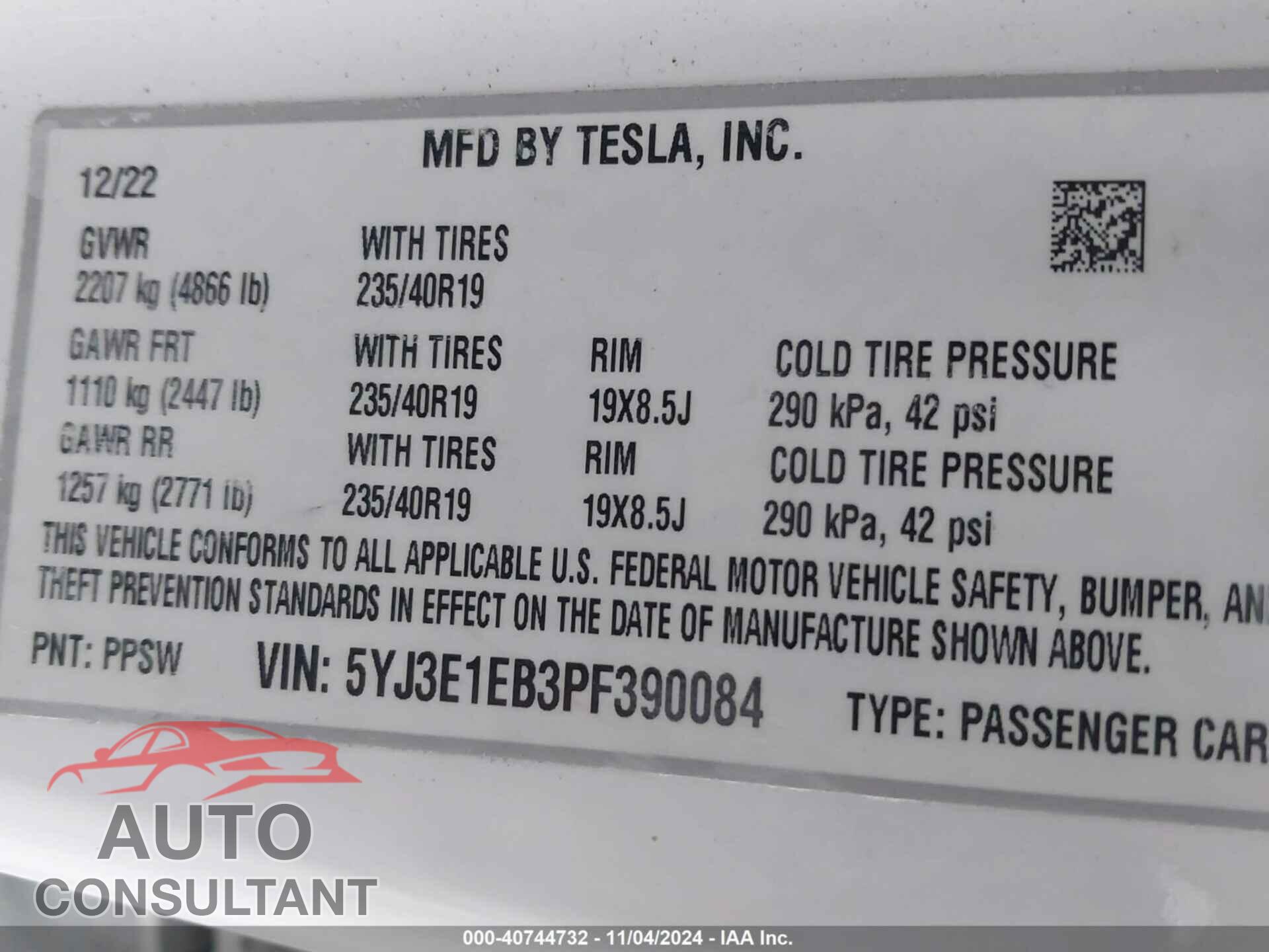 TESLA MODEL 3 2023 - 5YJ3E1EB3PF390084