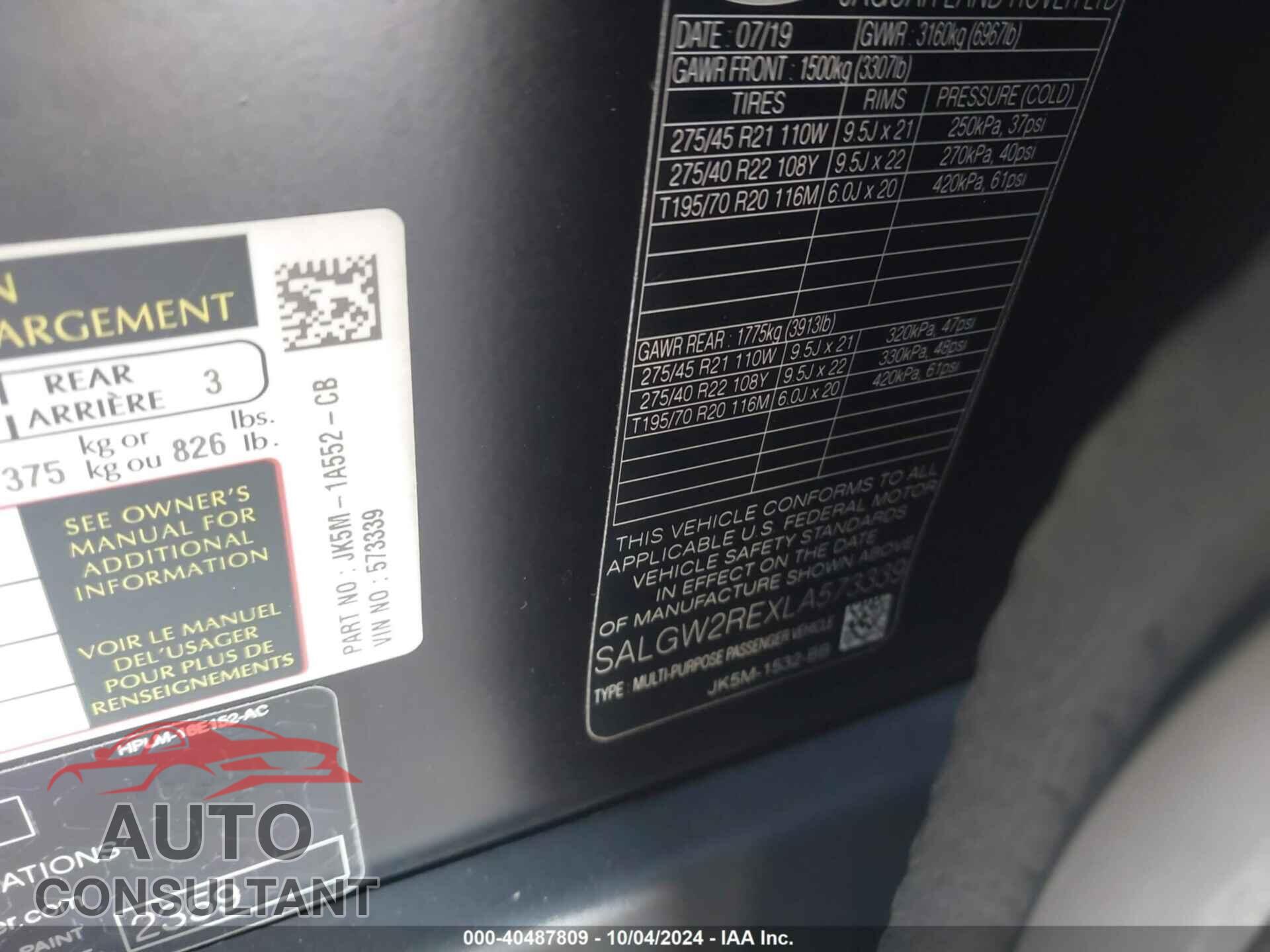 LAND ROVER RANGE ROVER 2020 - SALGW2REXLA573339