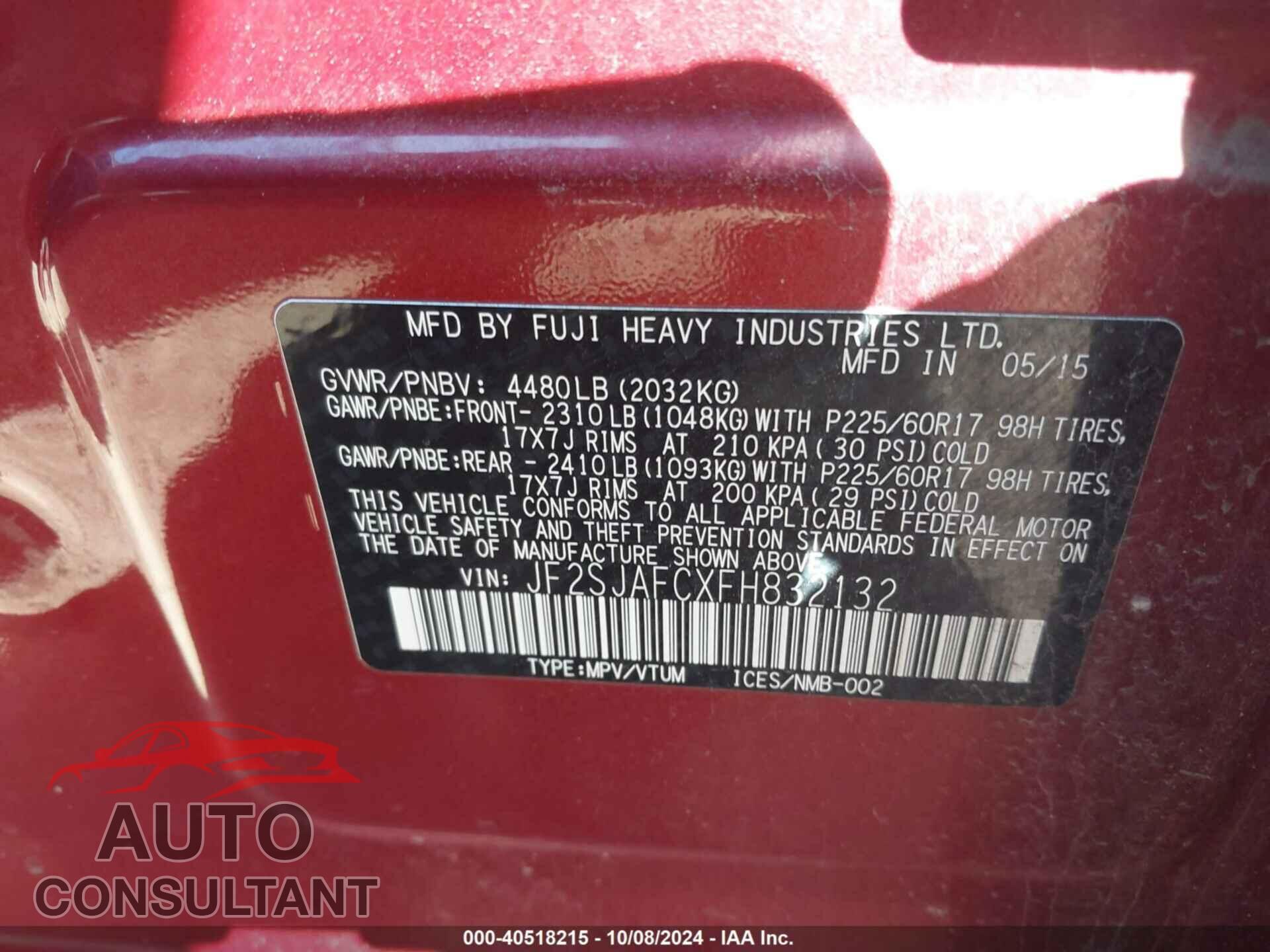 SUBARU FORESTER 2015 - JF2SJAFCXFH832132
