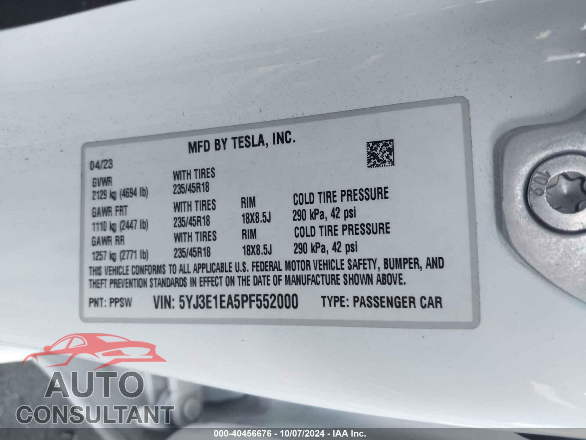 TESLA MODEL 3 2023 - 5YJ3E1EA5PF552000