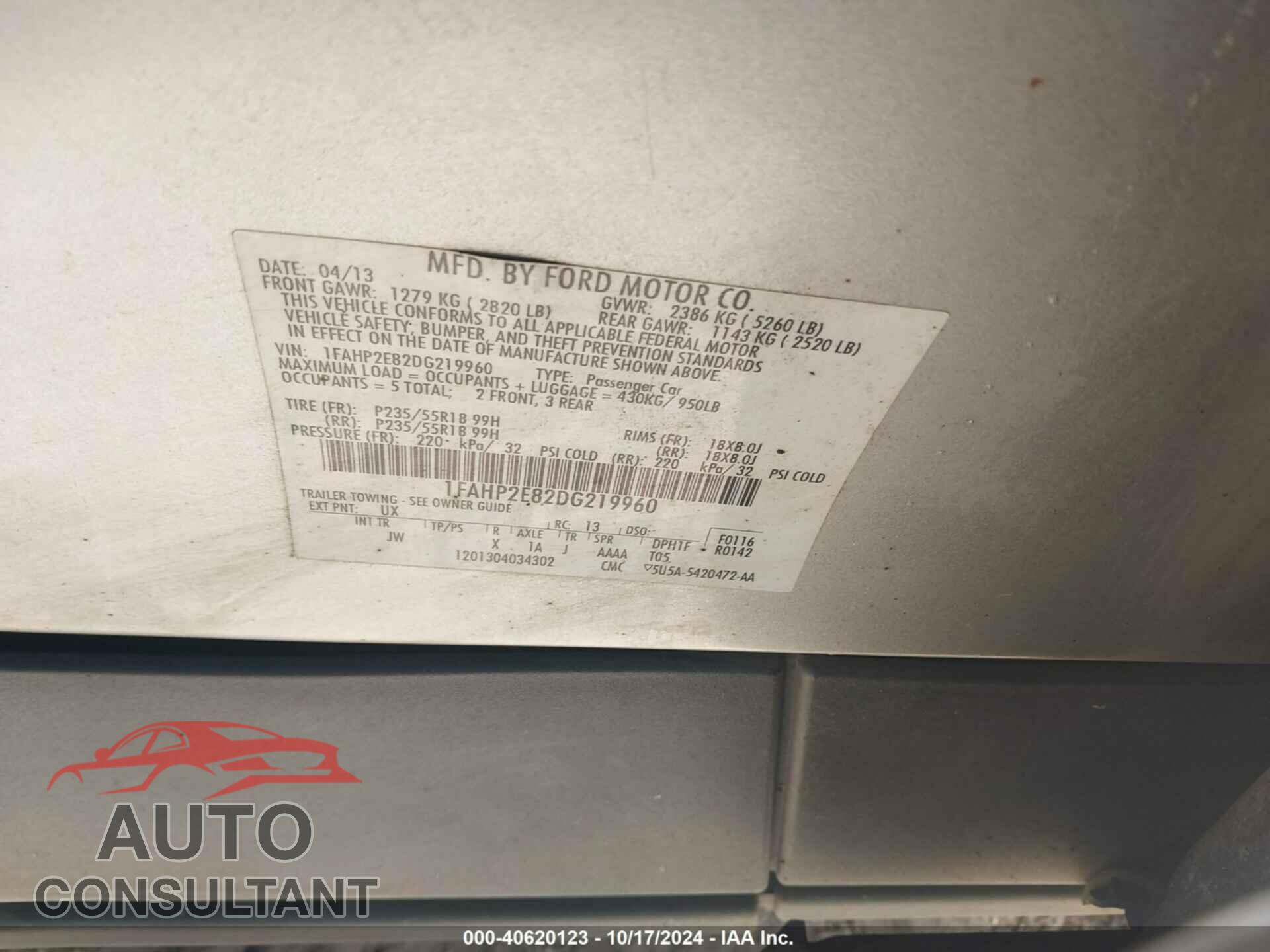 FORD TAURUS 2013 - 1FAHP2E82DG219960