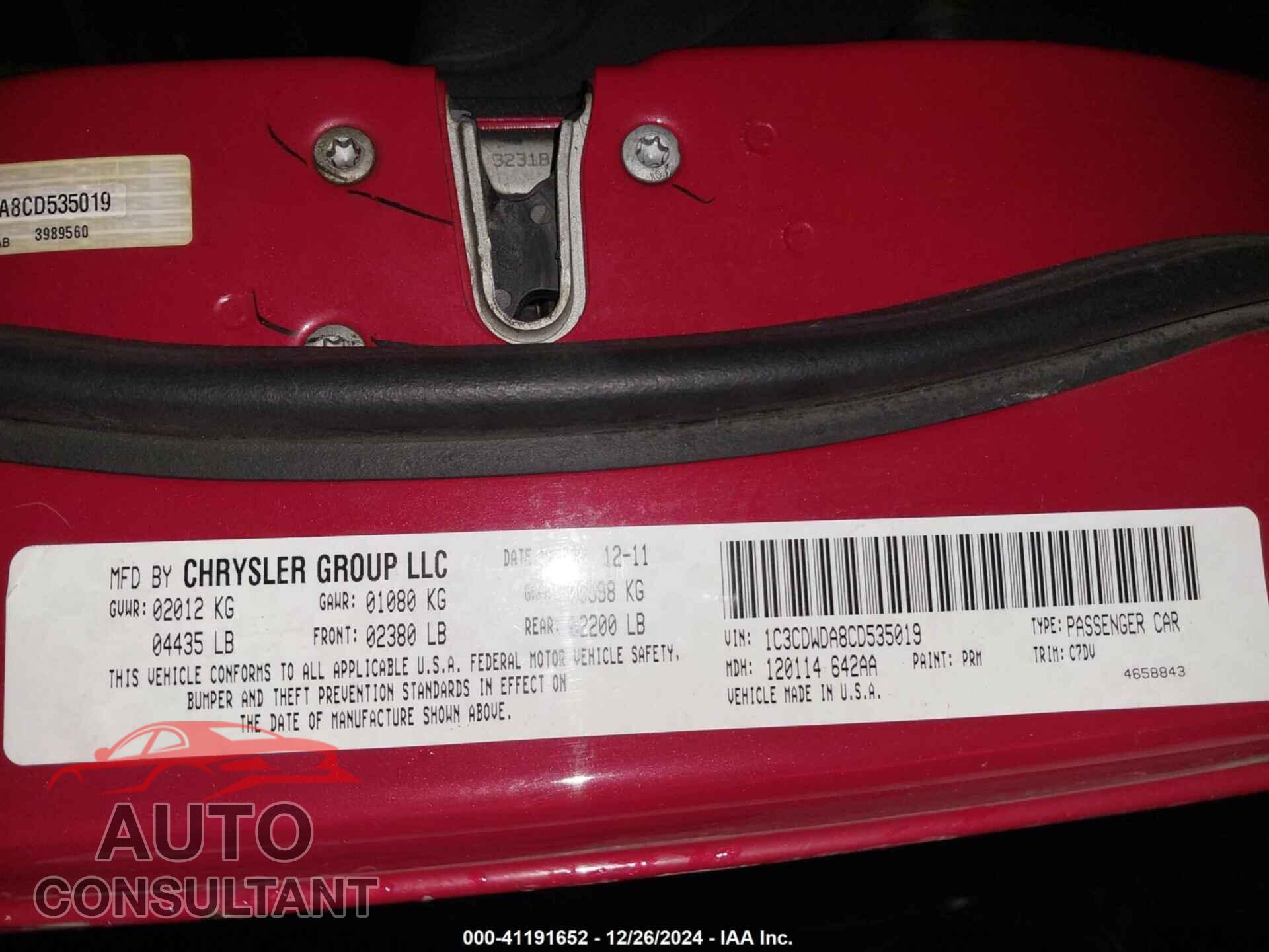 DODGE CALIBER 2012 - 1C3CDWDA8CD535019