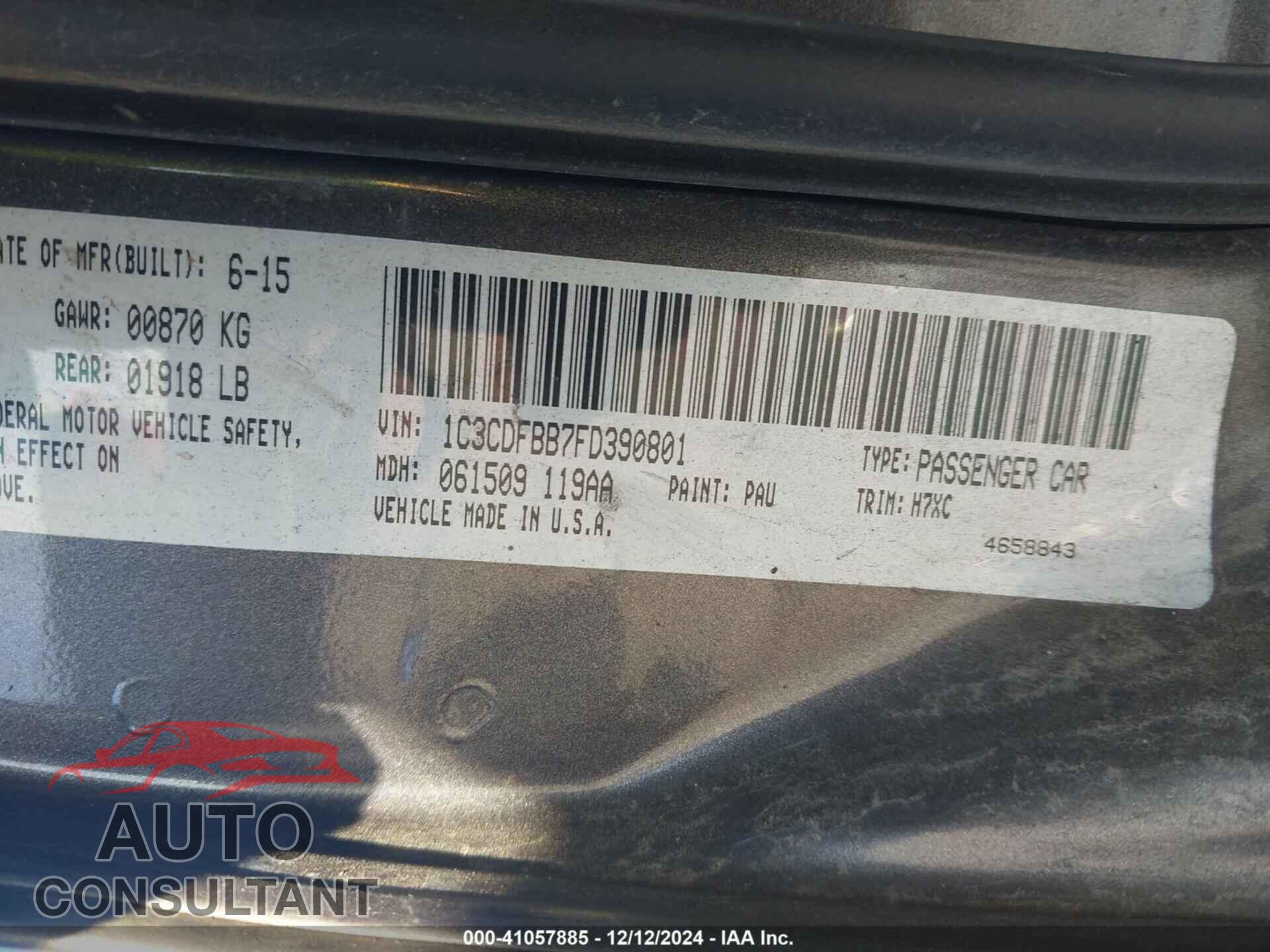 DODGE DART 2015 - 1C3CDFBB7FD390801