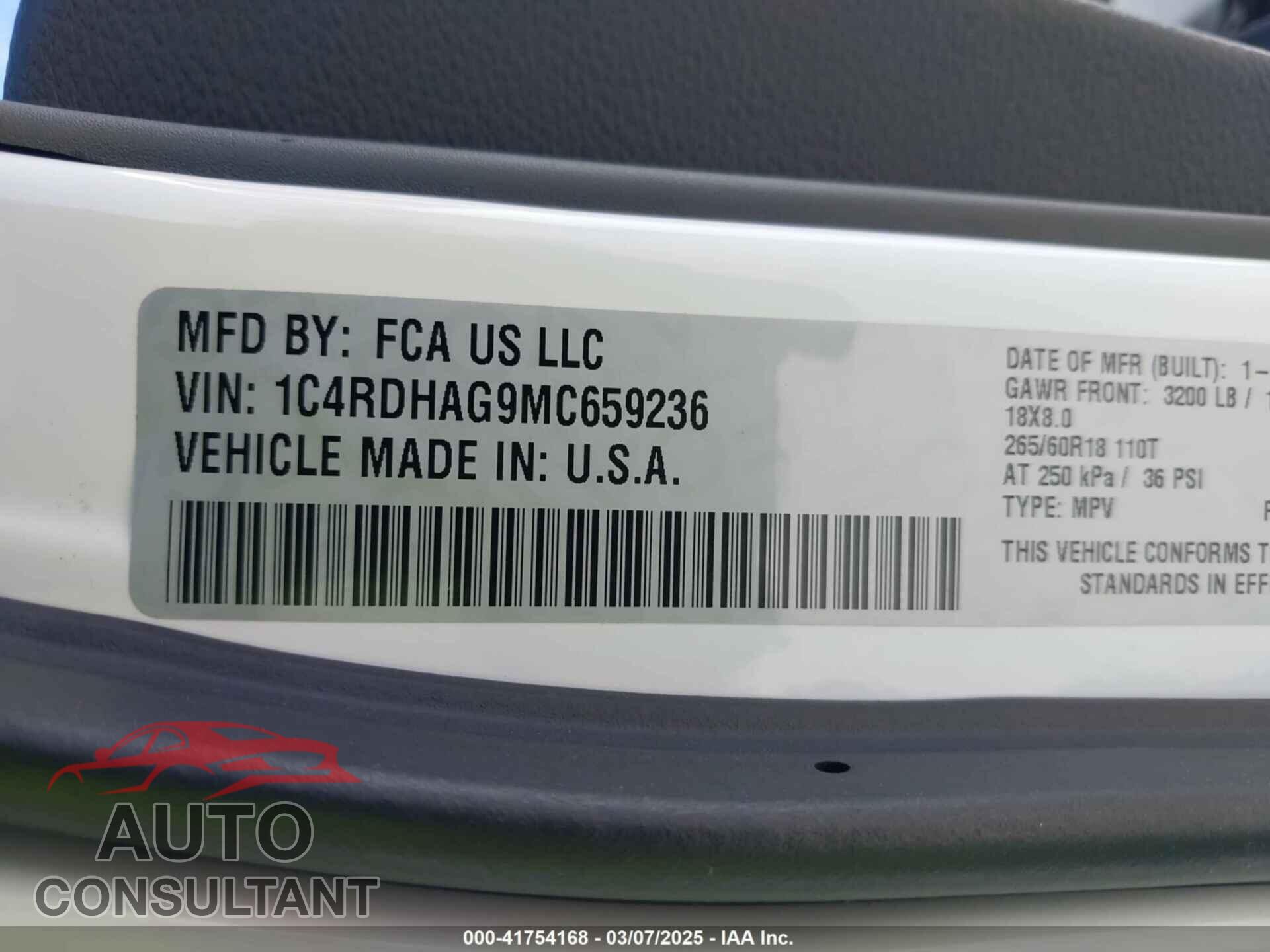 DODGE DURANGO 2021 - 1C4RDHAG9MC659236