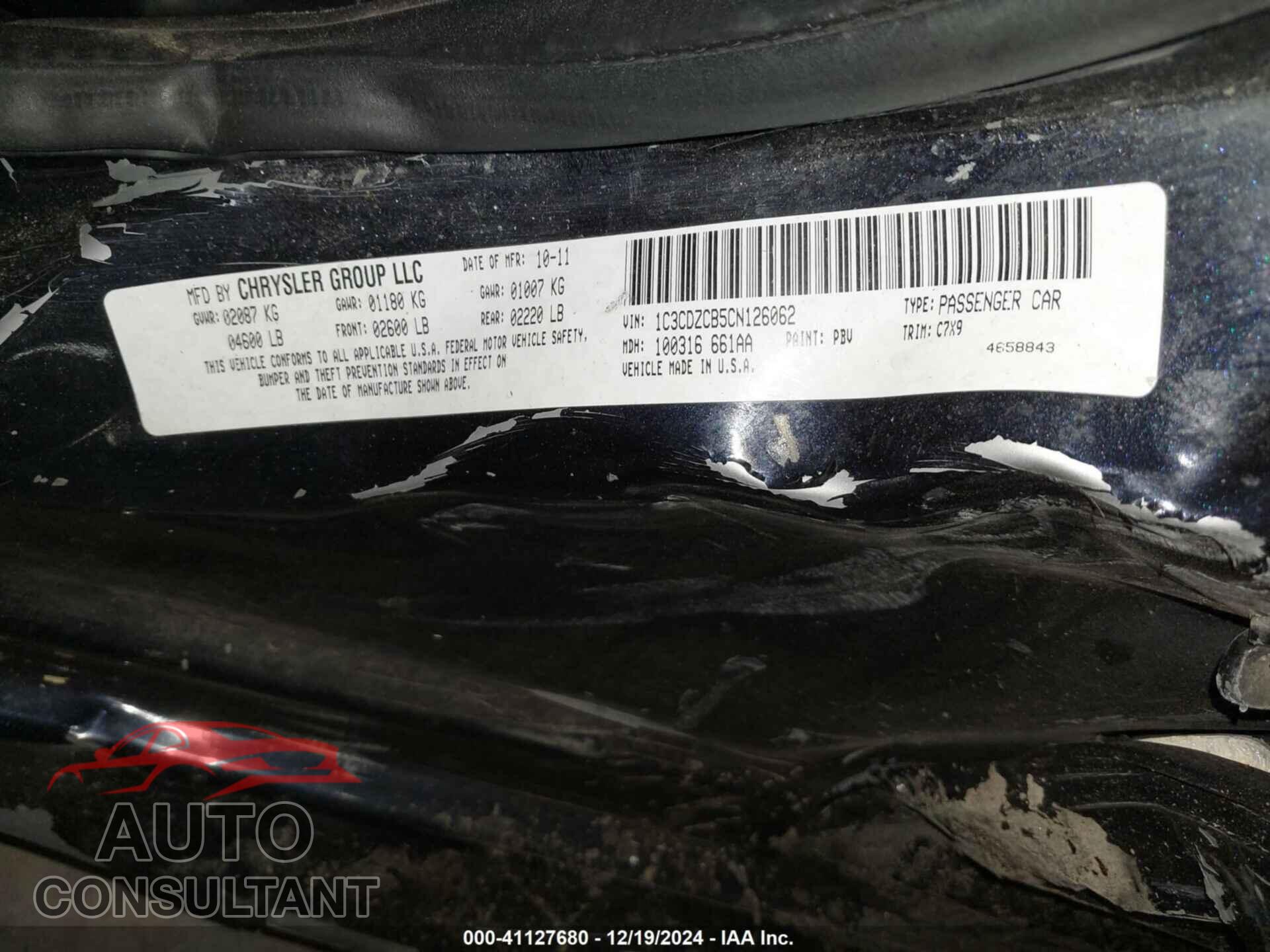 DODGE AVENGER 2012 - 1C3CDZCB5CN126062