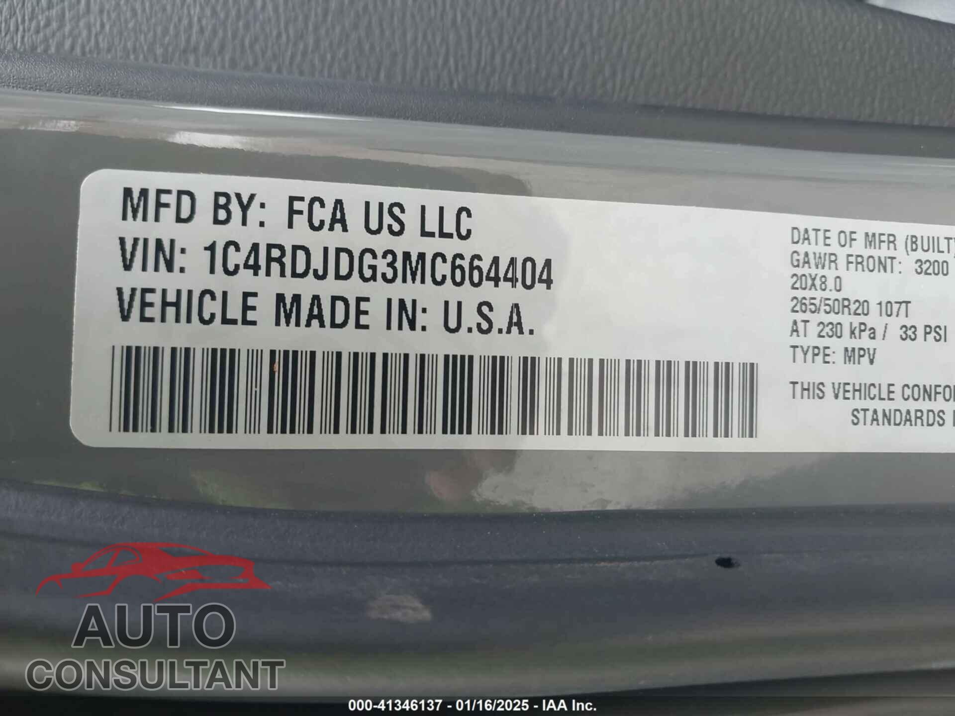DODGE DURANGO 2021 - 1C4RDJDG3MC664404