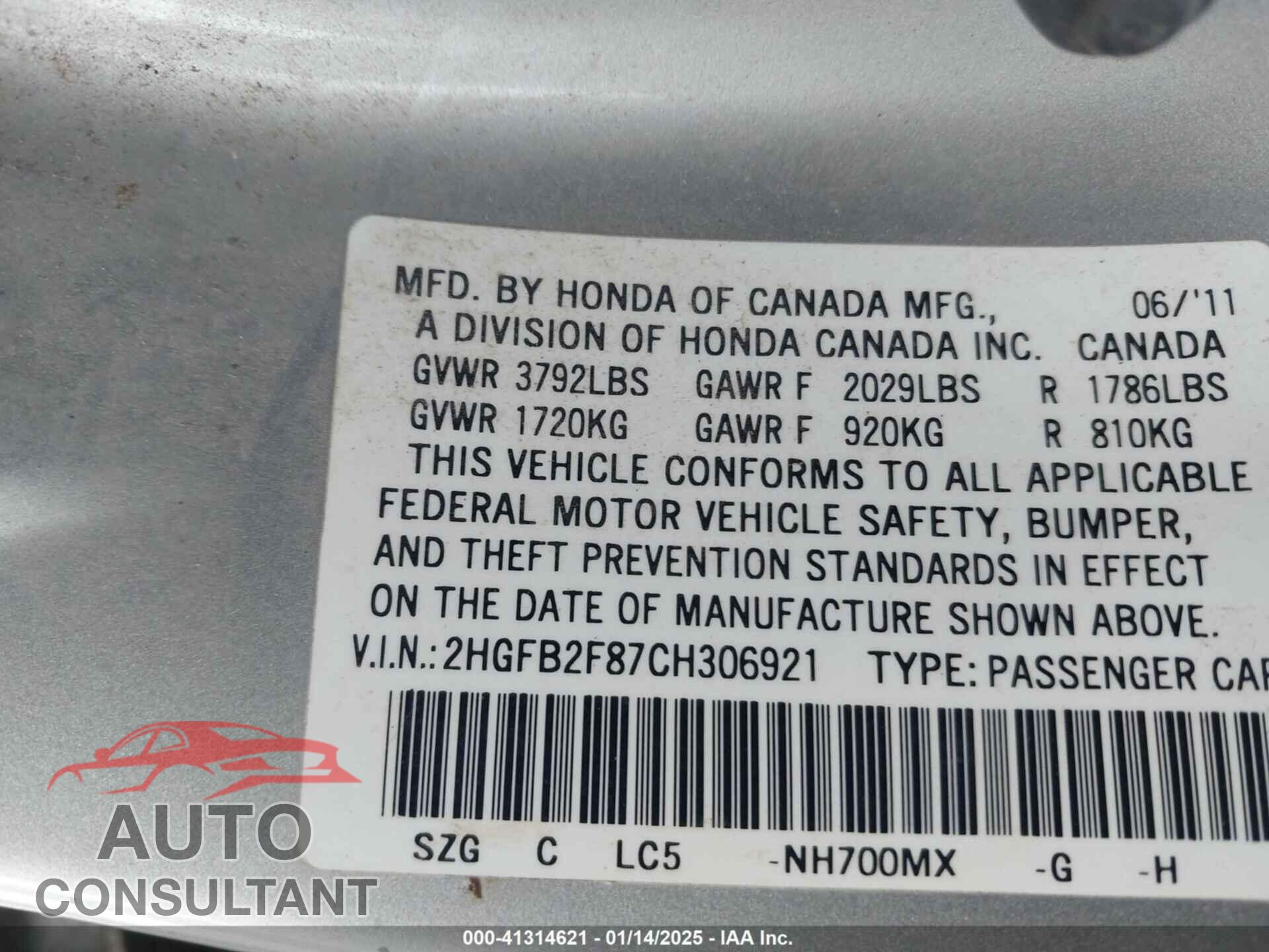 HONDA CIVIC 2012 - 2HGFB2F87CH306921
