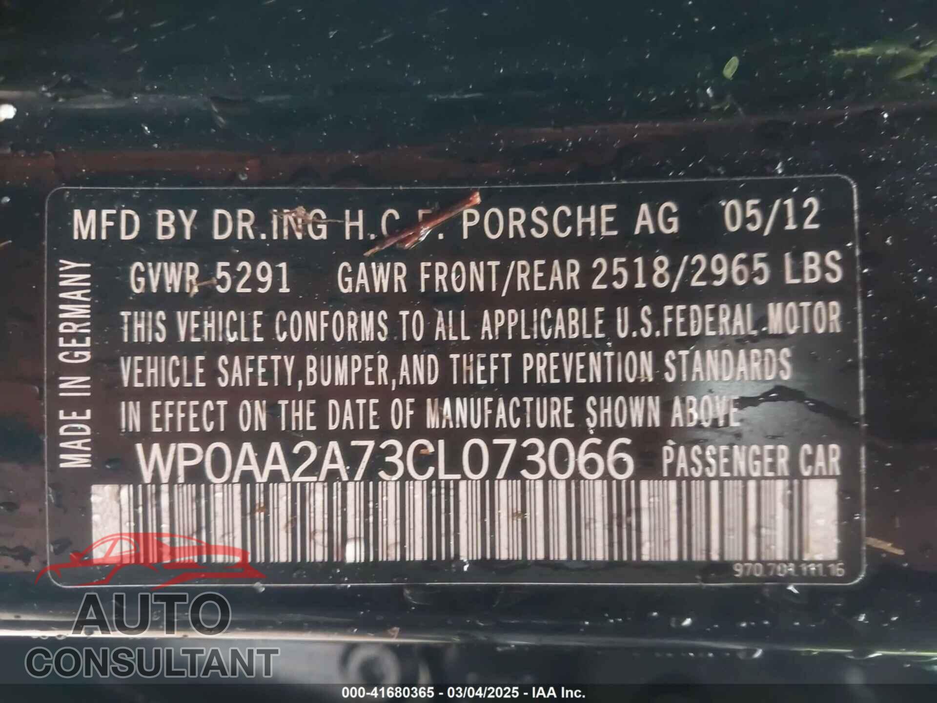 PORSCHE PANAMERA 2012 - WP0AA2A73CL073066