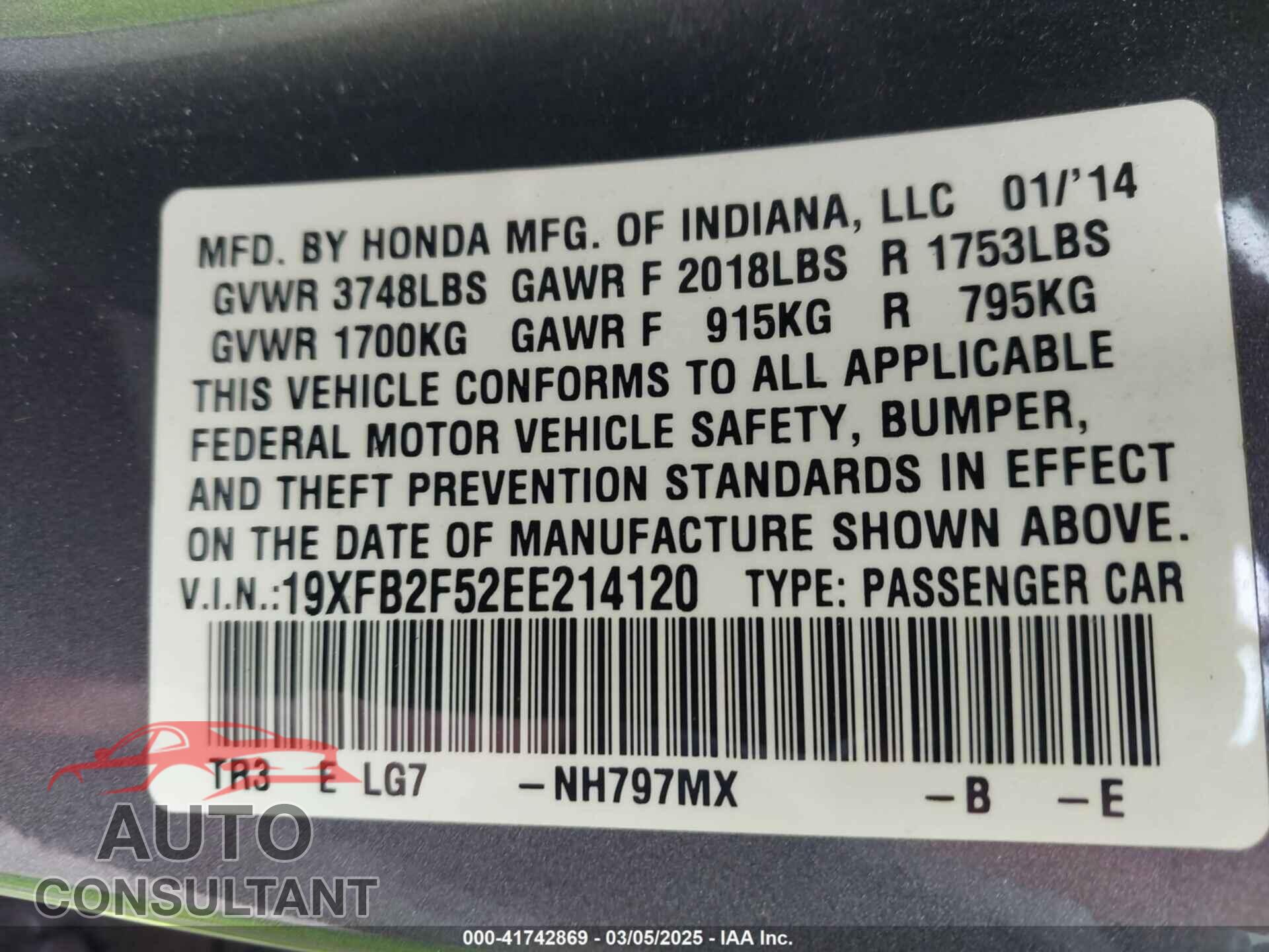 HONDA CIVIC 2014 - 19XFB2F52EE214120