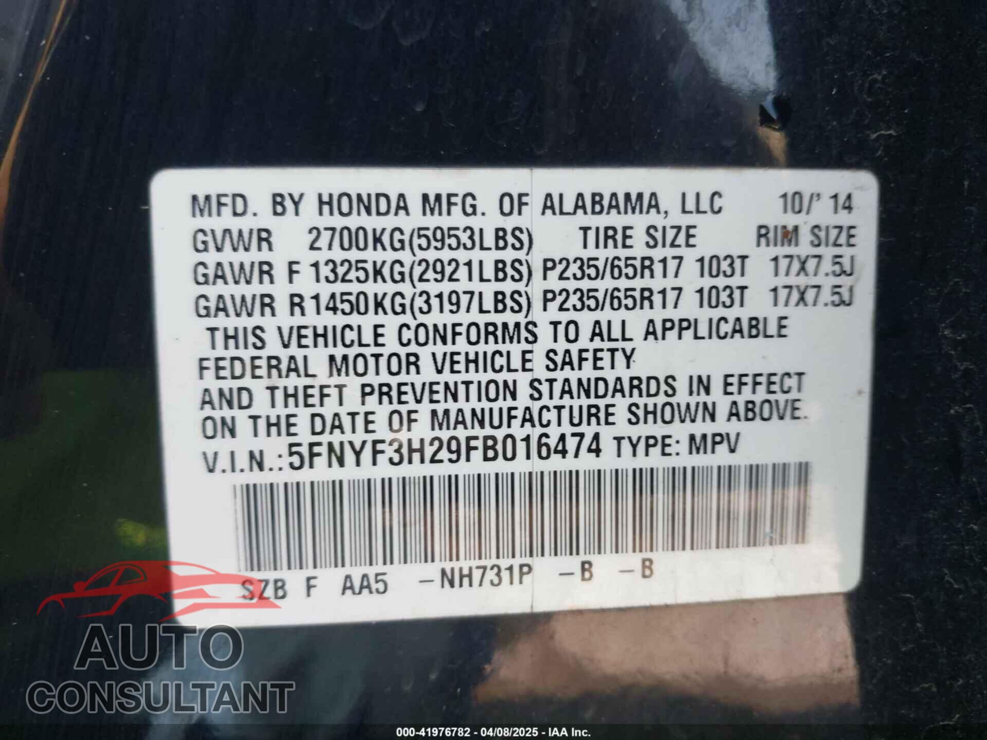 HONDA PILOT 2015 - 5FNYF3H29FB016474