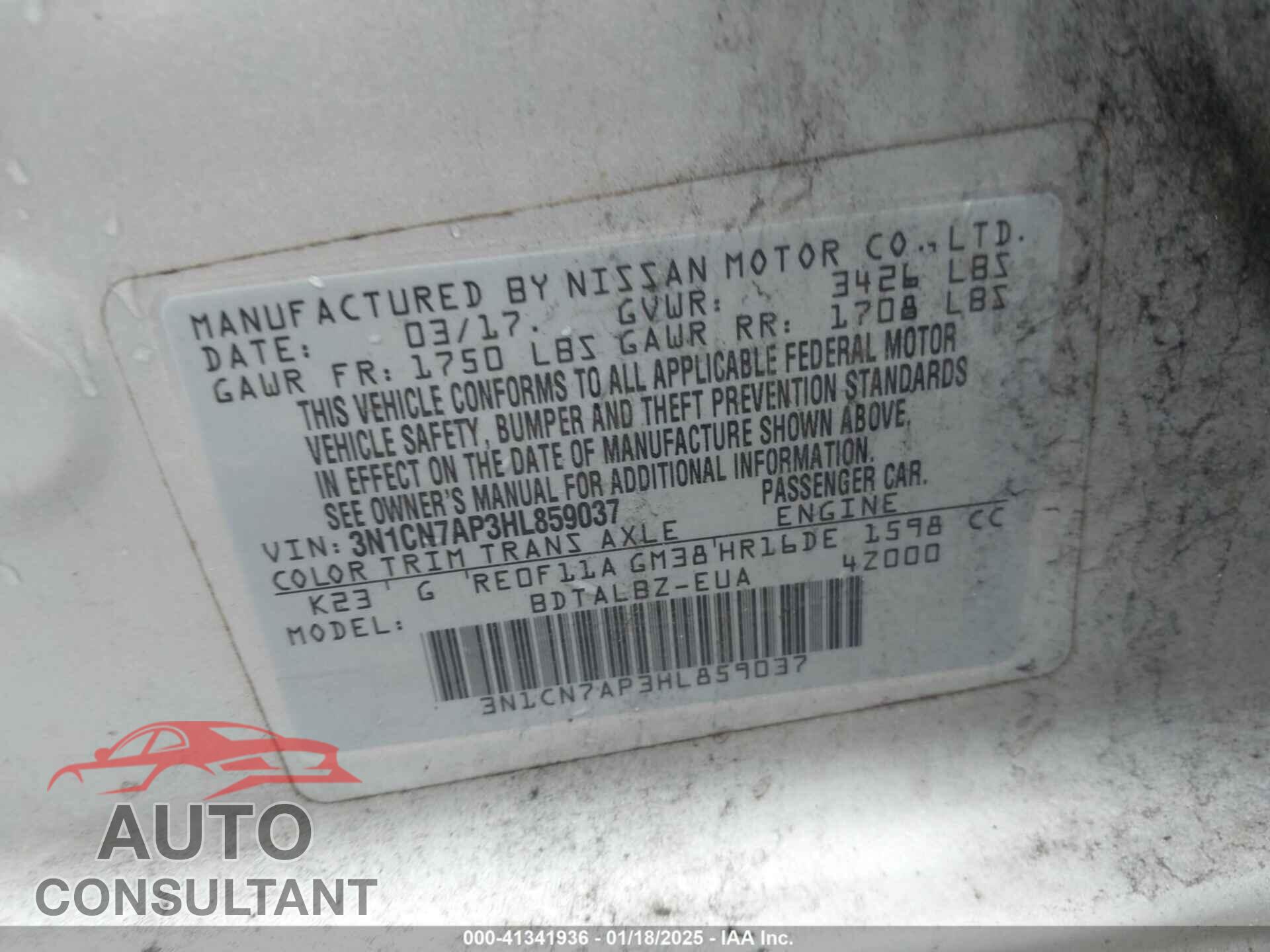 NISSAN VERSA 2017 - 3N1CN7AP3HL859037