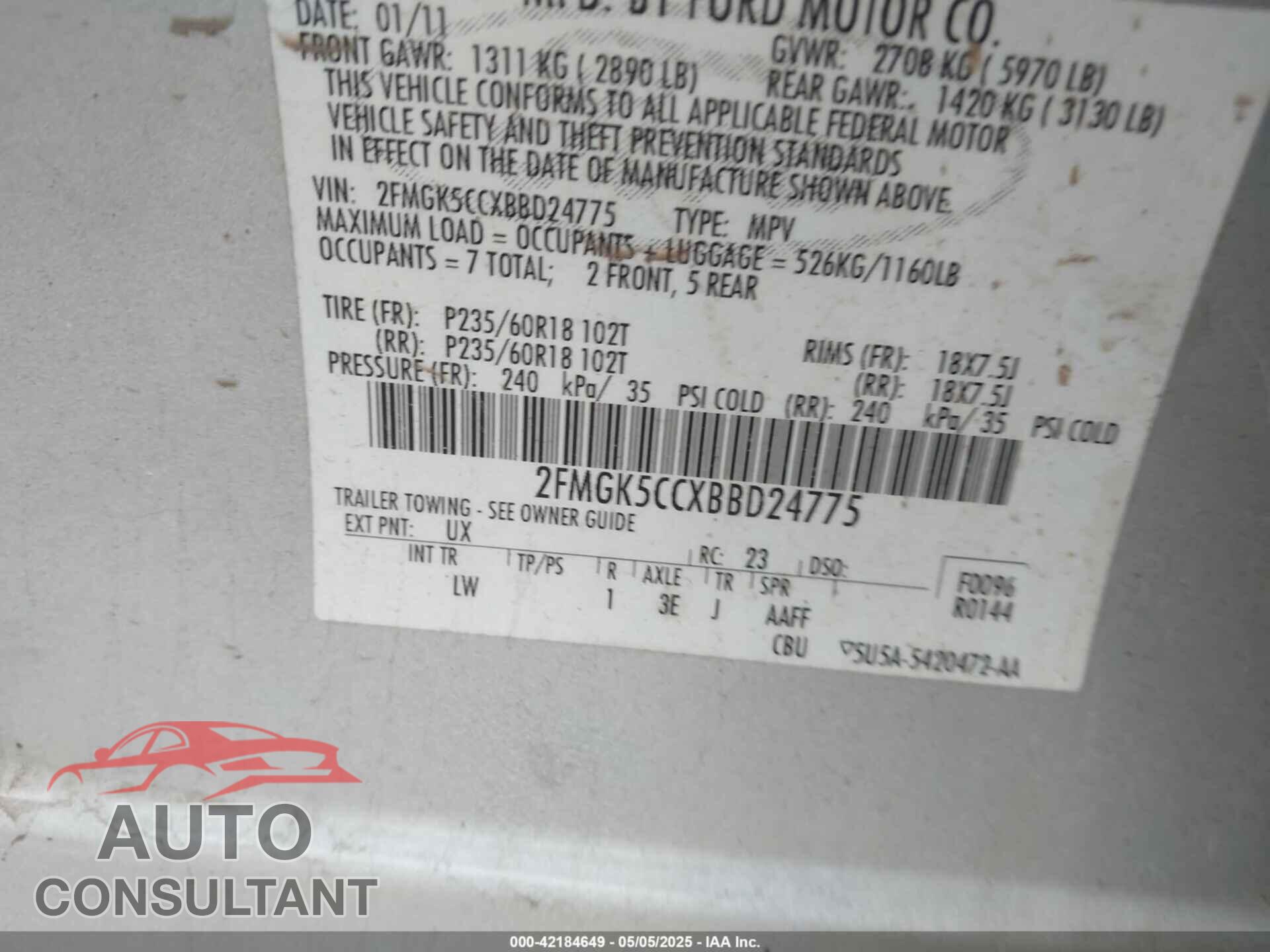 FORD FLEX 2011 - 2FMGK5CCXBBD24775