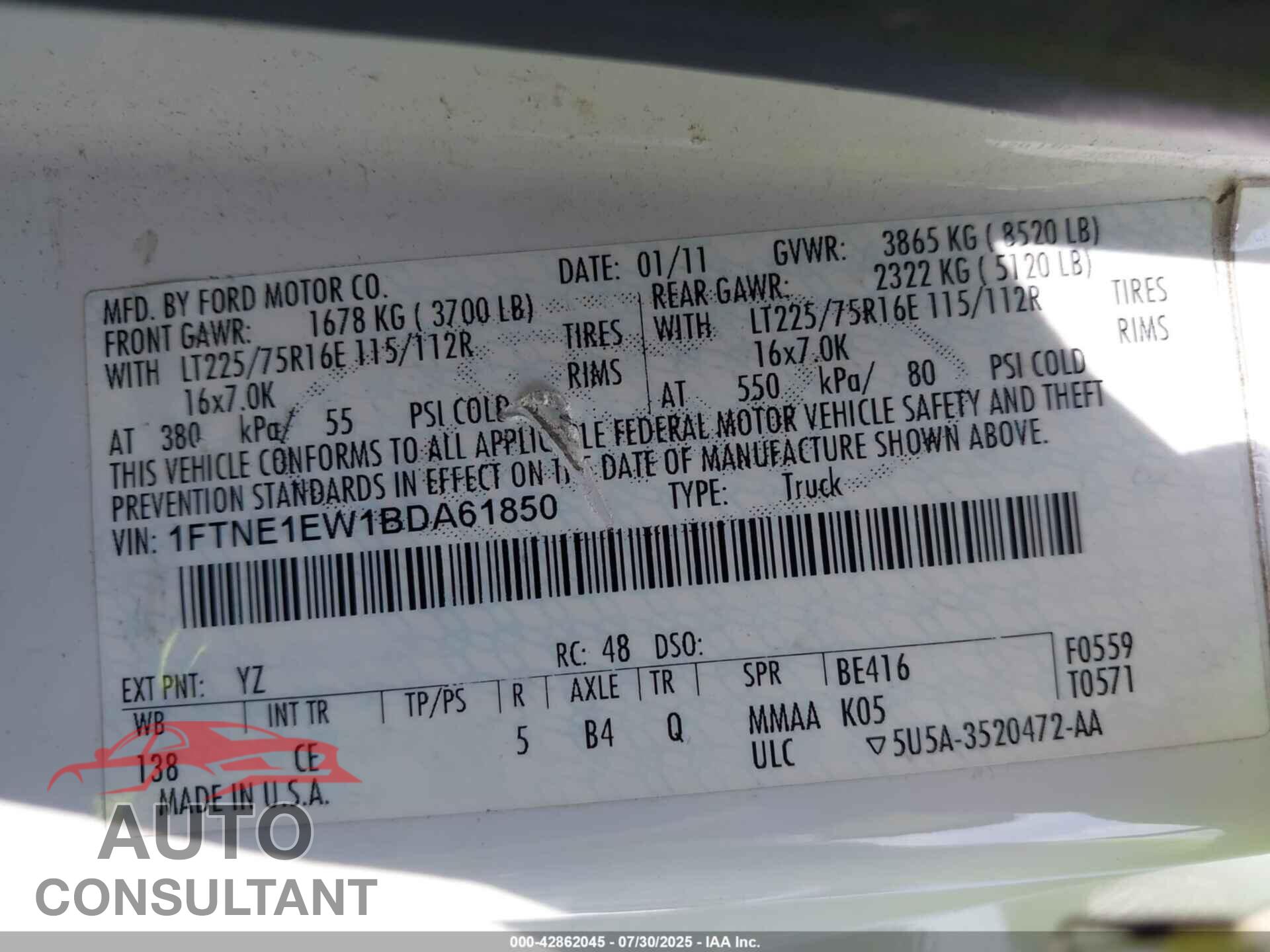 FORD E-150 2011 - 1FTNE1EW1BDA61850
