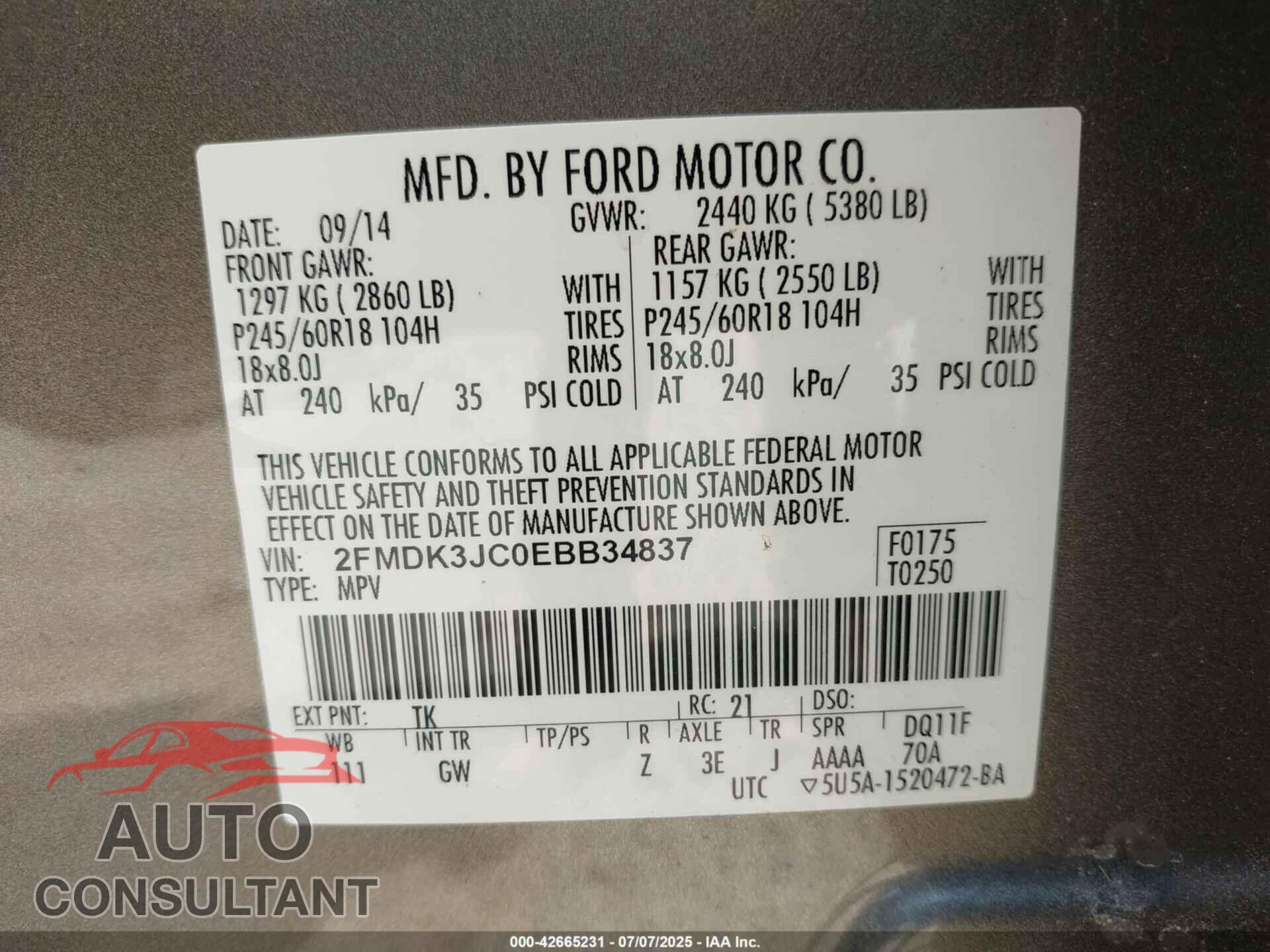 FORD EDGE 2014 - 2FMDK3JC0EBB34837
