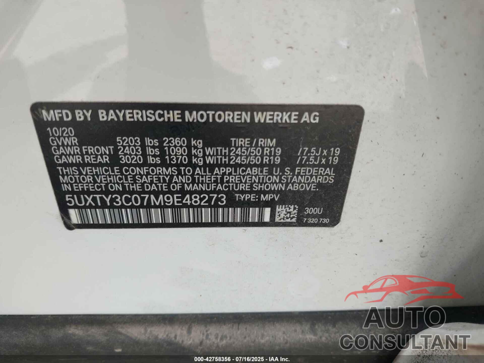 BMW X3 2021 - 5UXTY3C07M9E48273