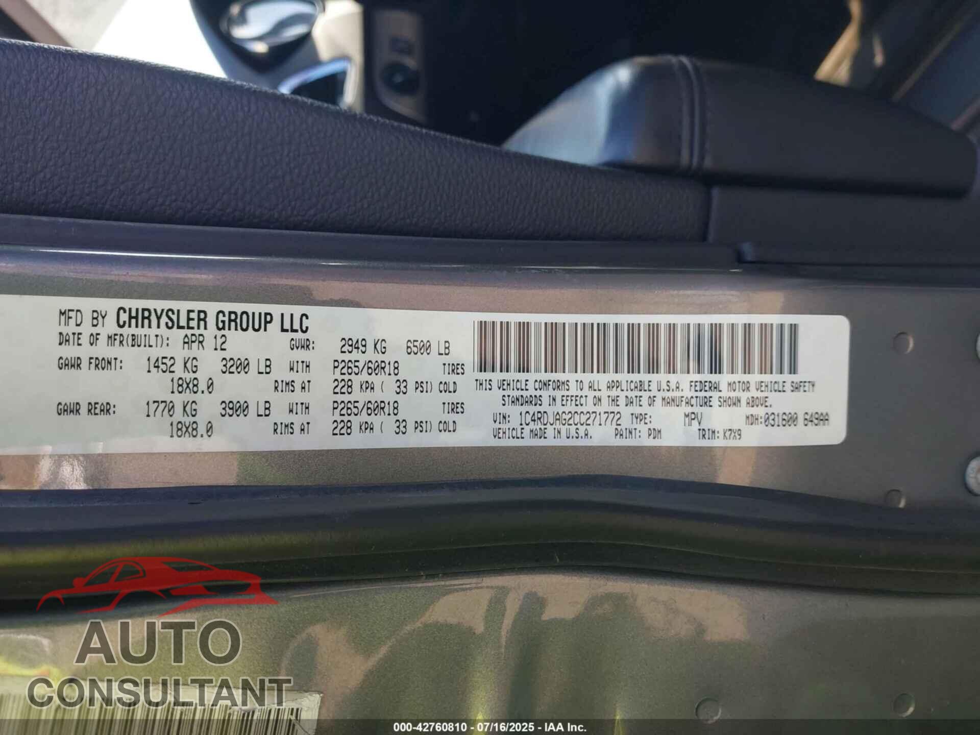 DODGE DURANGO 2012 - 1C4RDJAG2CC271772