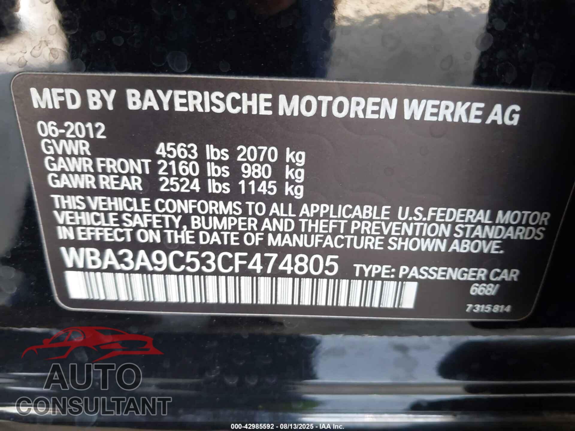 BMW 335I 2012 - WBA3A9C53CF474805