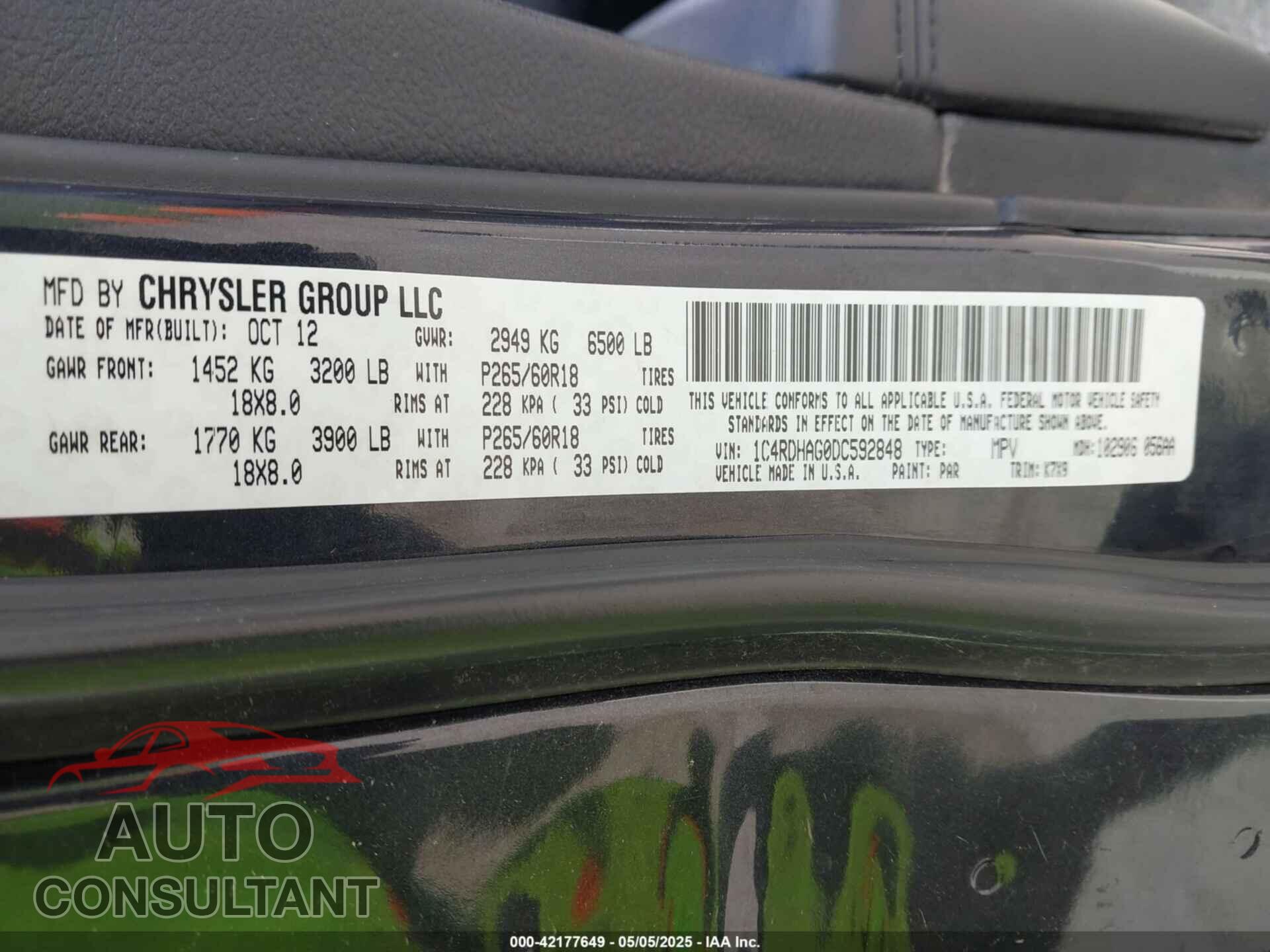 DODGE DURANGO 2013 - 1C4RDHAG0DC592848