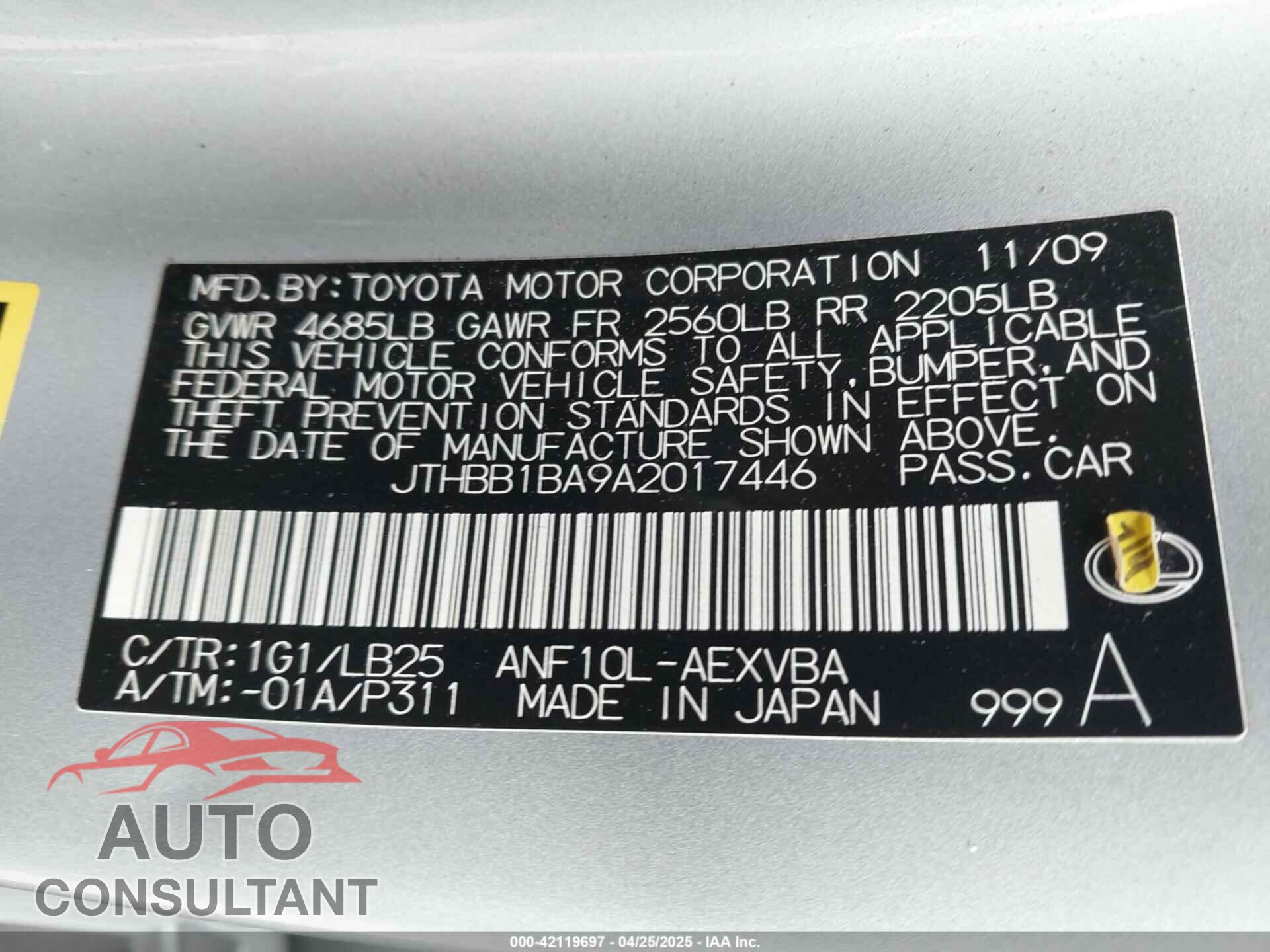 LEXUS HS 250H 2010 - JTHBB1BA9A2017446