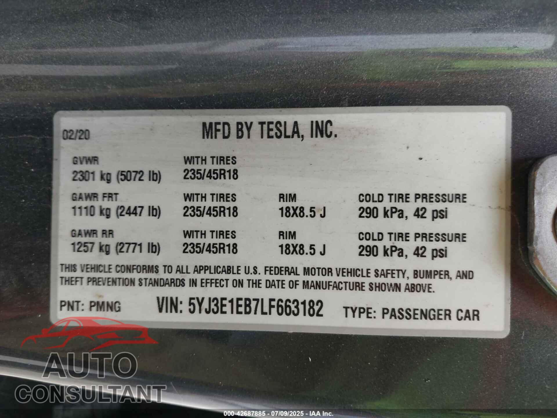 TESLA MODEL 3 2020 - 5YJ3E1EB7LF663182