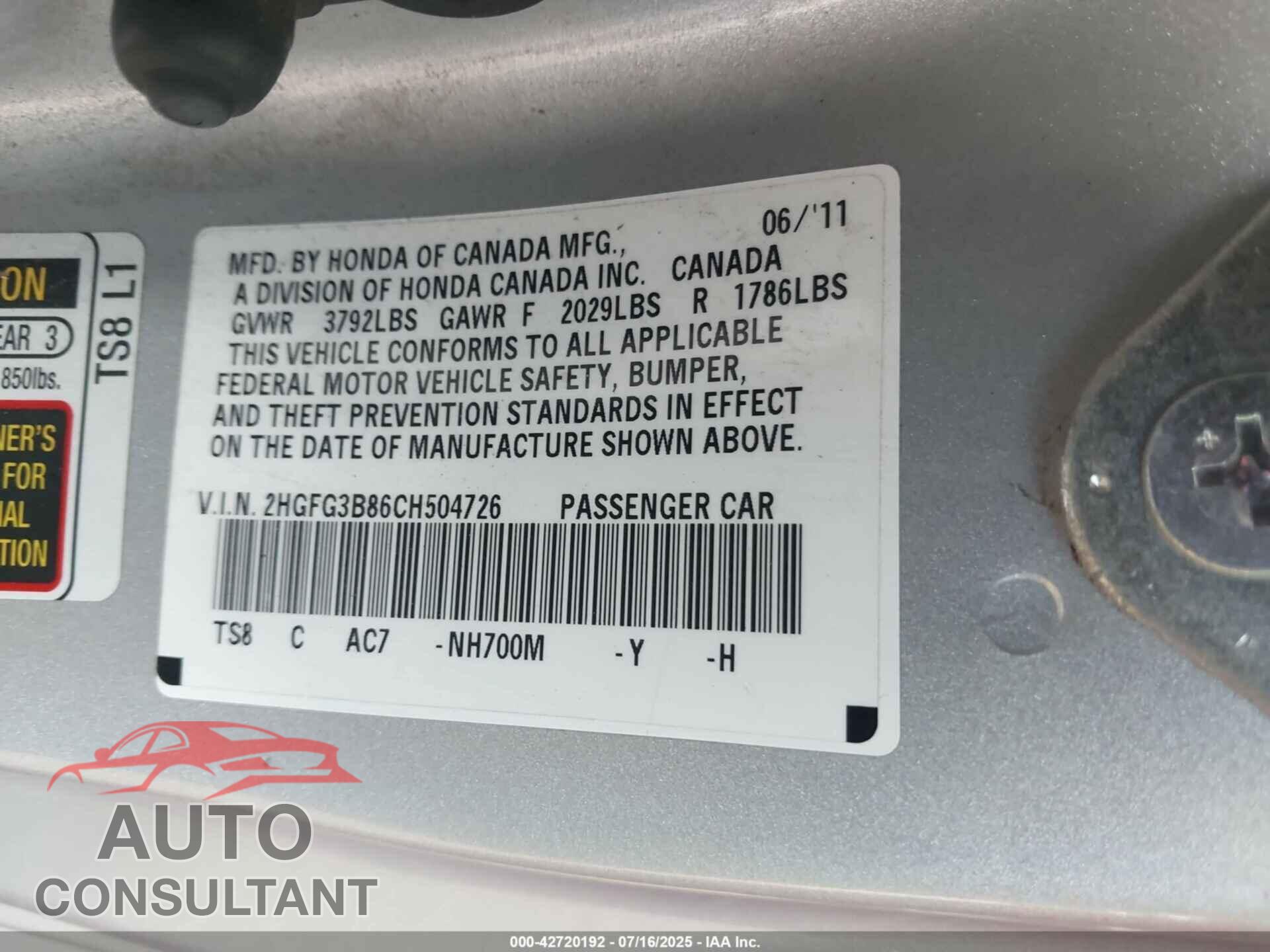 HONDA CIVIC 2012 - 2HGFG3B86CH504726