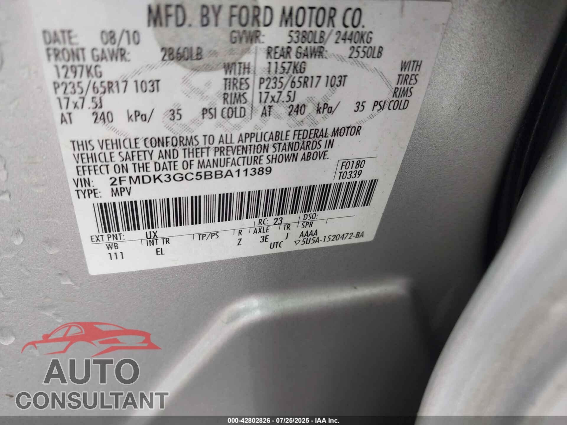 FORD EDGE 2011 - 2FMDK3GC5BBA11389