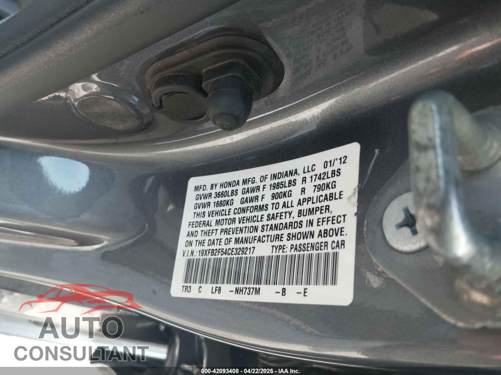 HONDA CIVIC 2012 - 19XFB2F54CE329217