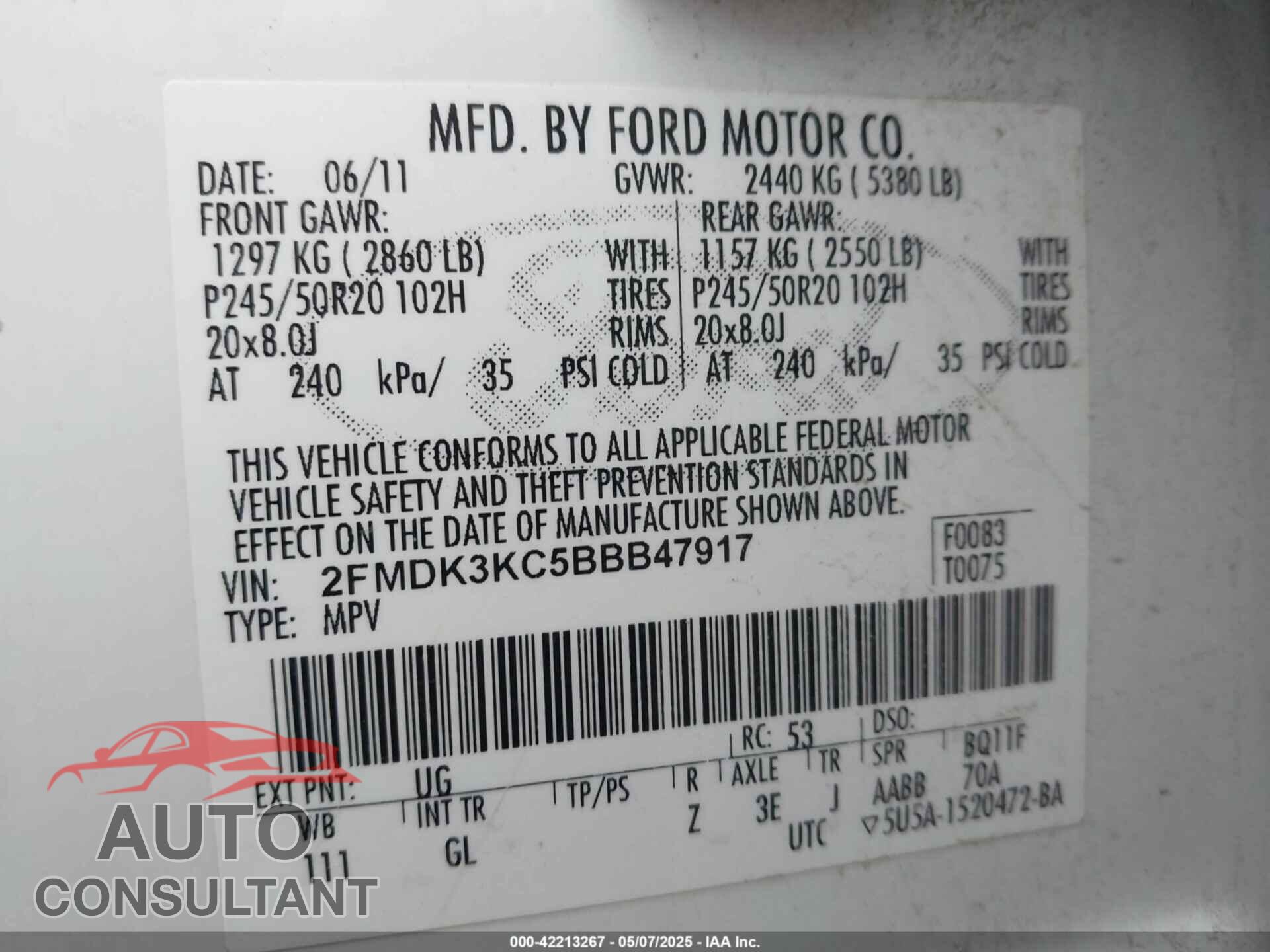 FORD EDGE 2011 - 2FMDK3KC5BBB47917