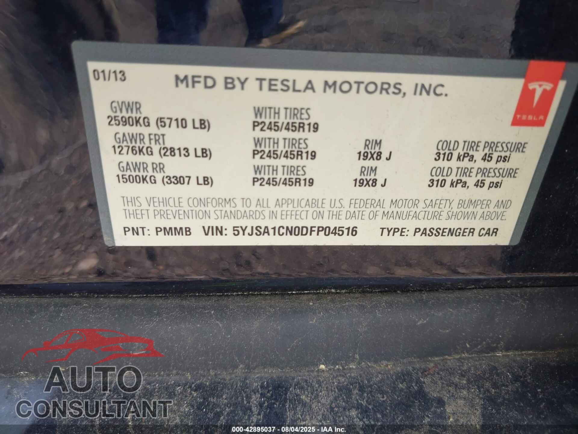TESLA MODEL S 2013 - 5YJSA1CN0DFP04516
