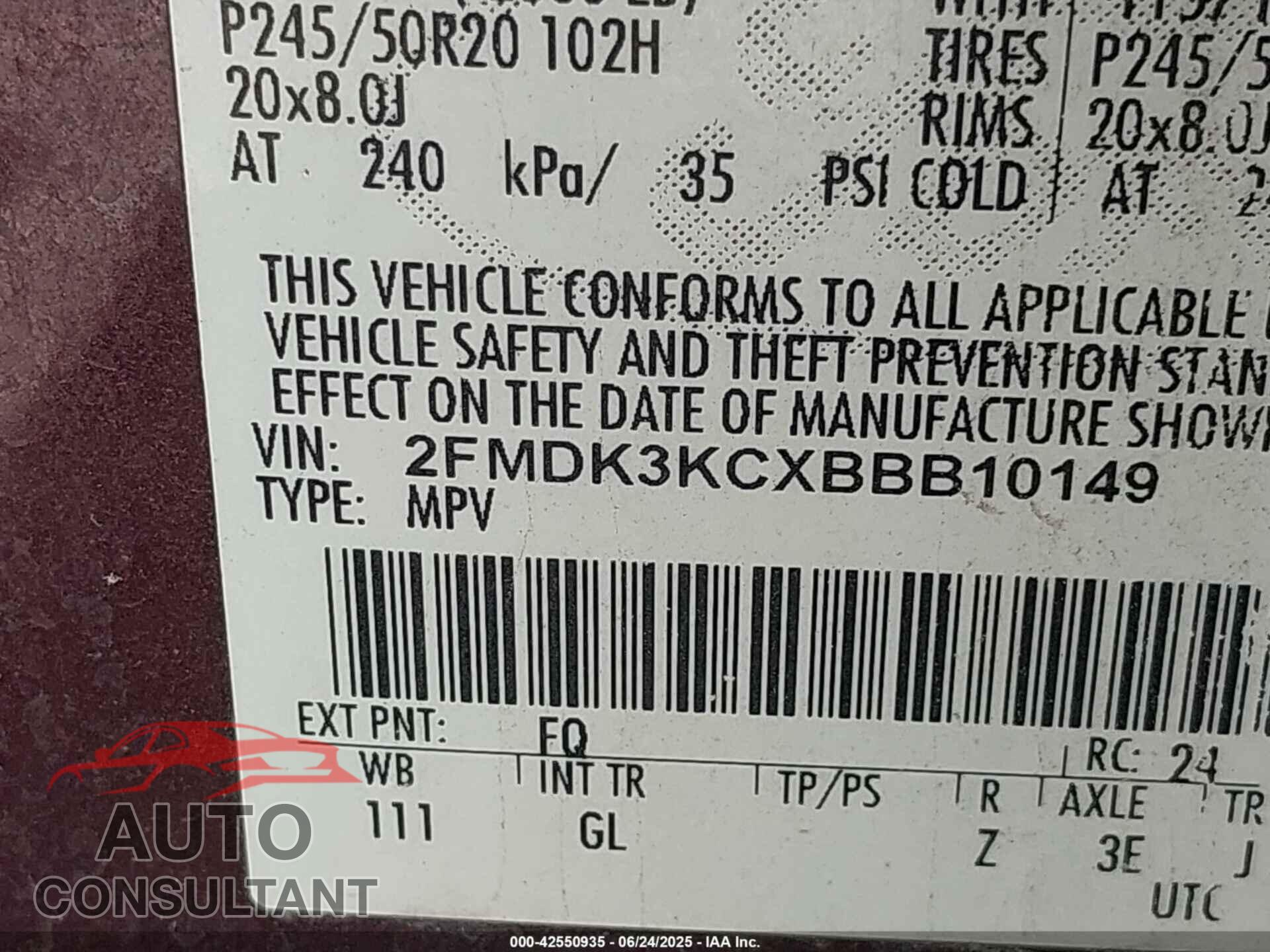 FORD EDGE 2011 - 2FMDK3KCXBBB10149