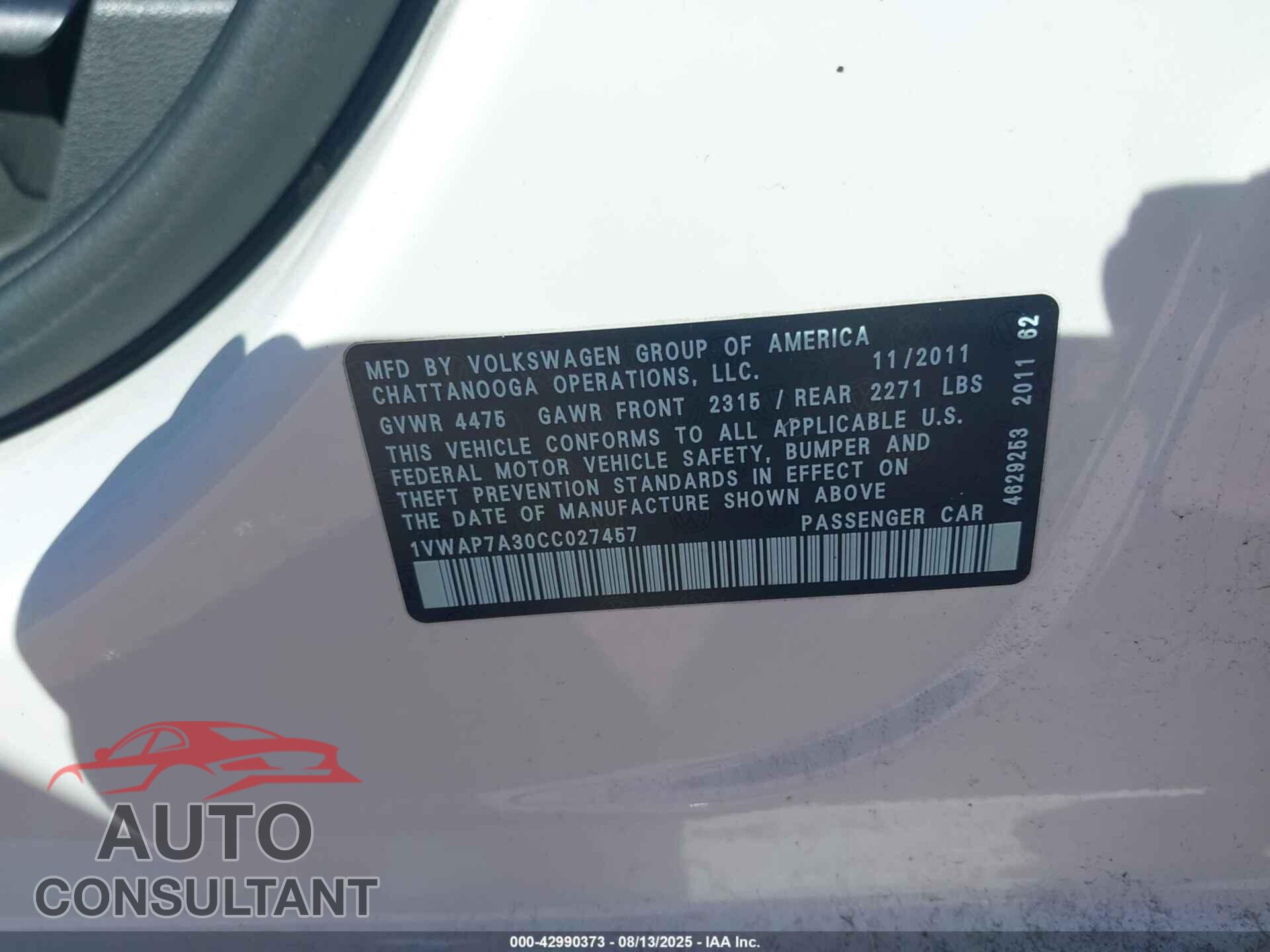 VOLKSWAGEN PASSAT 2012 - 1VWAP7A30CC027457