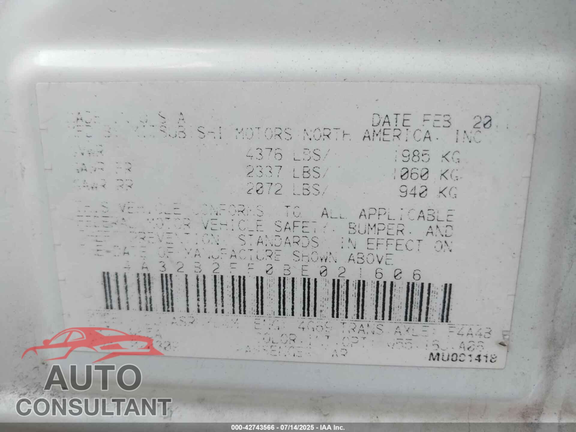 MITSUBISHI GALANT 2011 - 4A32B2FF0BE021606