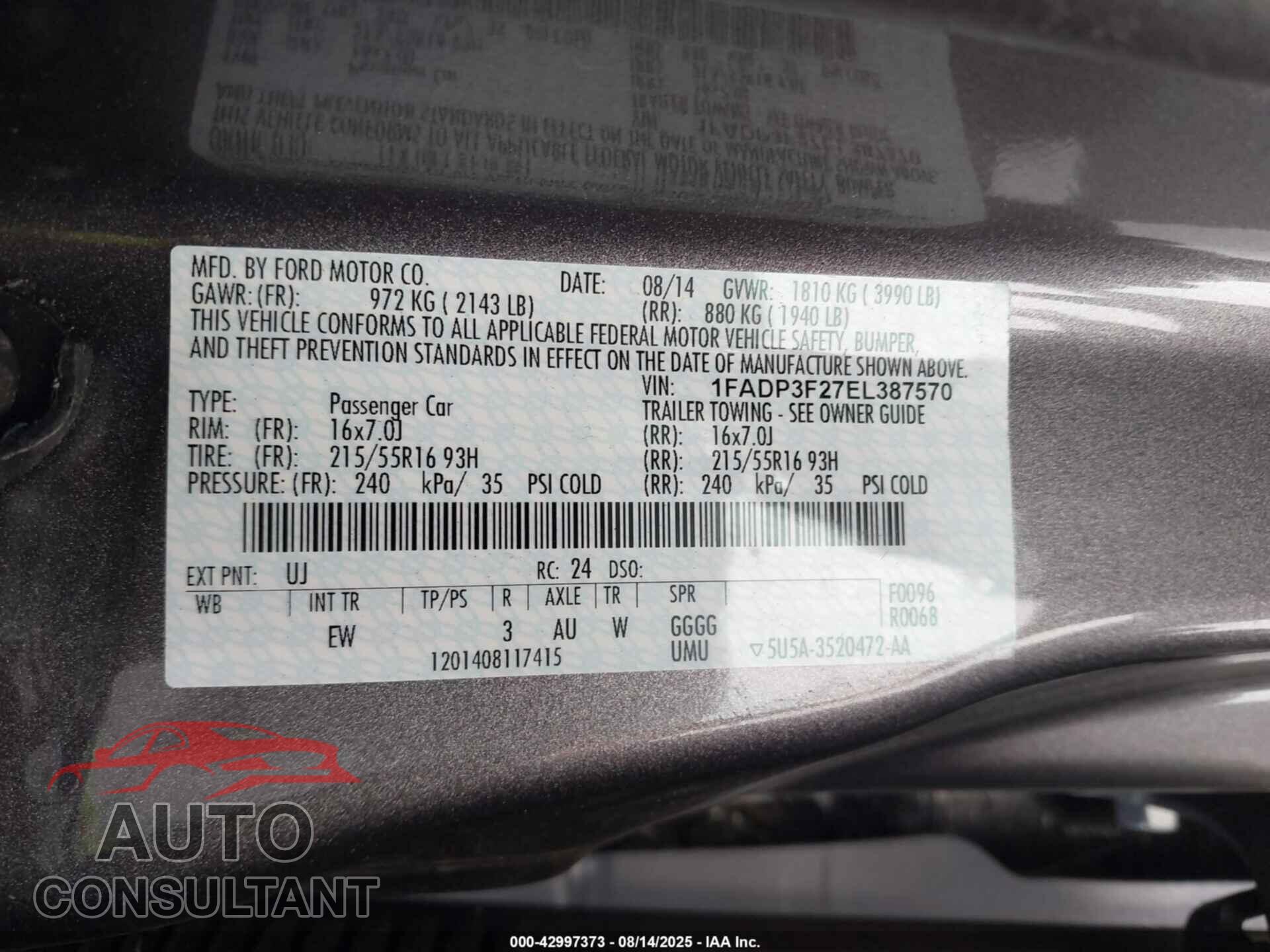 FORD FOCUS 2014 - 1FADP3F27EL387570