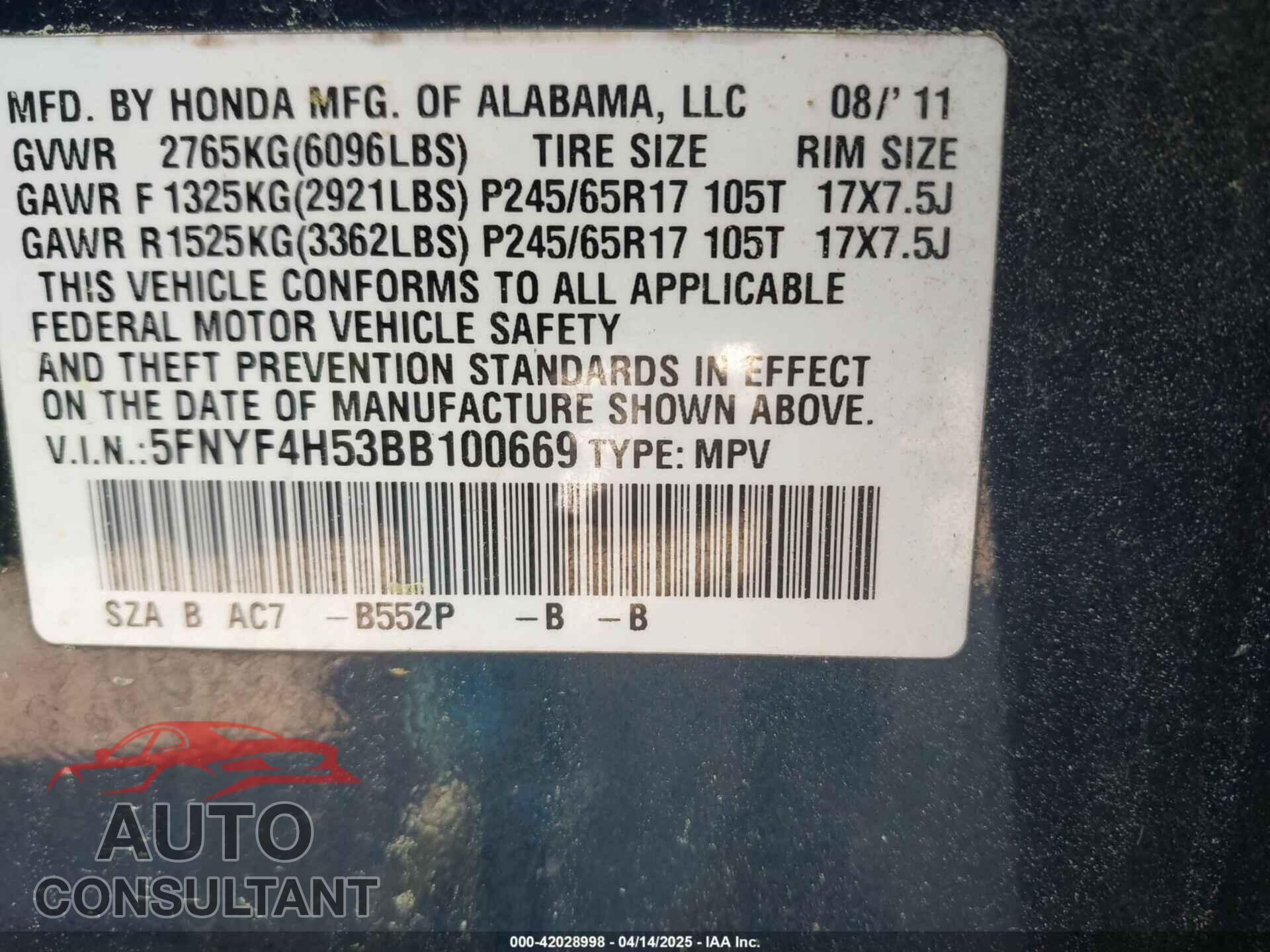 HONDA PILOT 2011 - 5FNYF4H53BB100669
